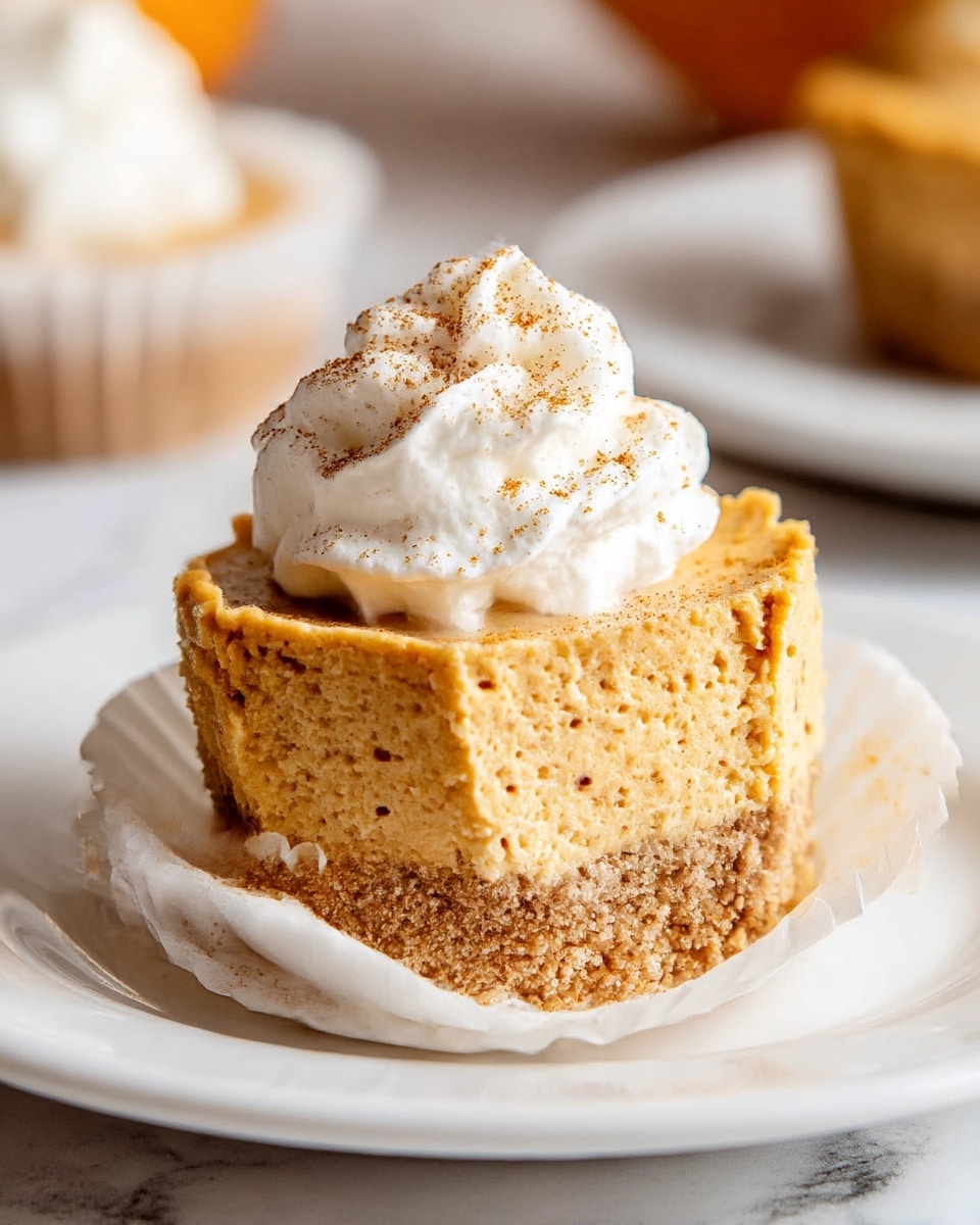 A close-up of a small dessert with three layers: the bottom layer is a crumbly light brown crust, the middle layer is a thick, smooth pumpkin filling in a soft orange color with faint specks, and the top layer is a dollop of white whipped cream sprinkled lightly with fine brown spice. The dessert is placed inside a white paper cupcake liner on a white plate, all on a white marbled surface. photo taken with an iphone --ar 4:5 --v 7