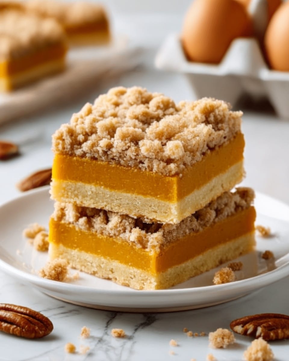 The image shows two square pieces of crumb cake stacked on a white plate, placed on a white marbled surface. Each piece has three layers: the bottom layer is a light golden crumbly crust, the middle layer is a smooth, bright orange filling, and the top layer is a crumbly, slightly darker beige streusel with a rough texture. There are scattered crumbs around the plate, and some pecans can be seen on the side, with a basket of eggs blurred in the background. Photo taken with an iphone --ar 4:5 --v 7