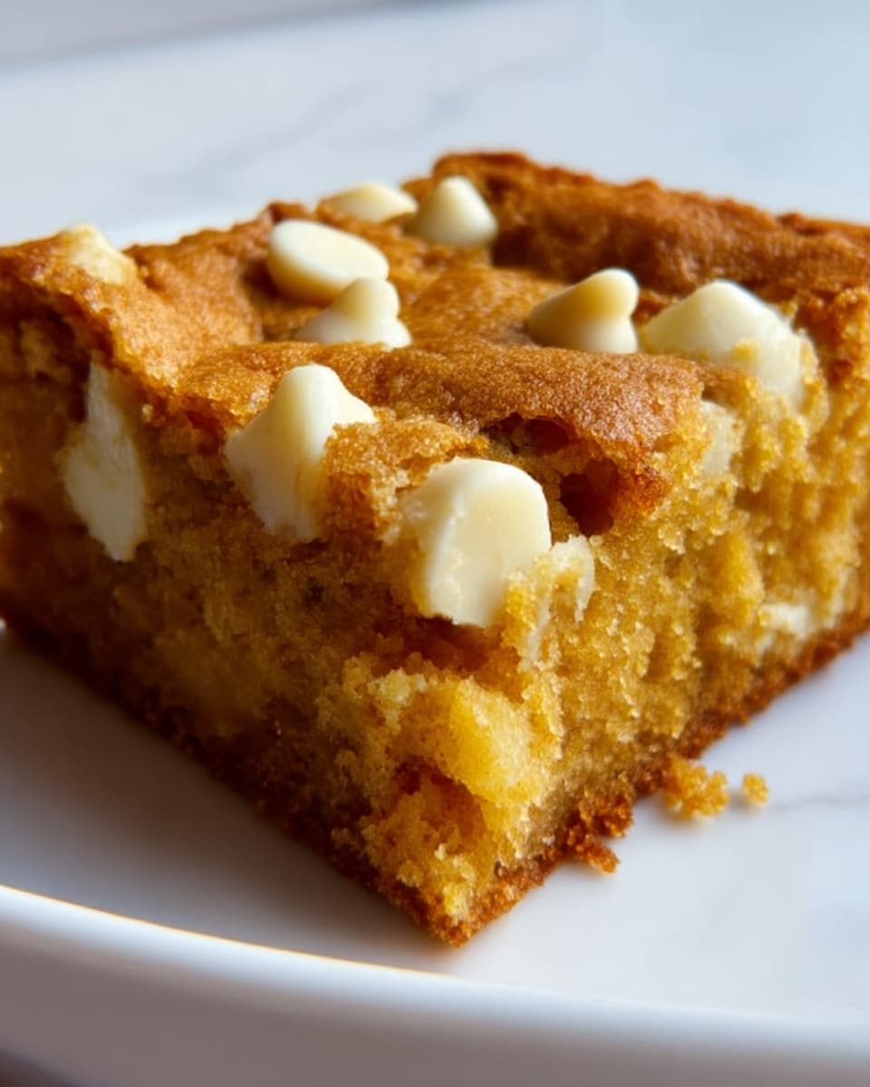 A close-up view of a thick square piece of golden brown baked cake with a soft, moist texture. The top layer is slightly crunchy and features white chocolate chips melted into the surface, scattered unevenly. The cake is resting on a white plate, which sits on a white marbled surface. The edges of the cake are browned and crumbly, showing slight cracks revealing the dense inside. Photo taken with an iphone --ar 4:5 --v 7