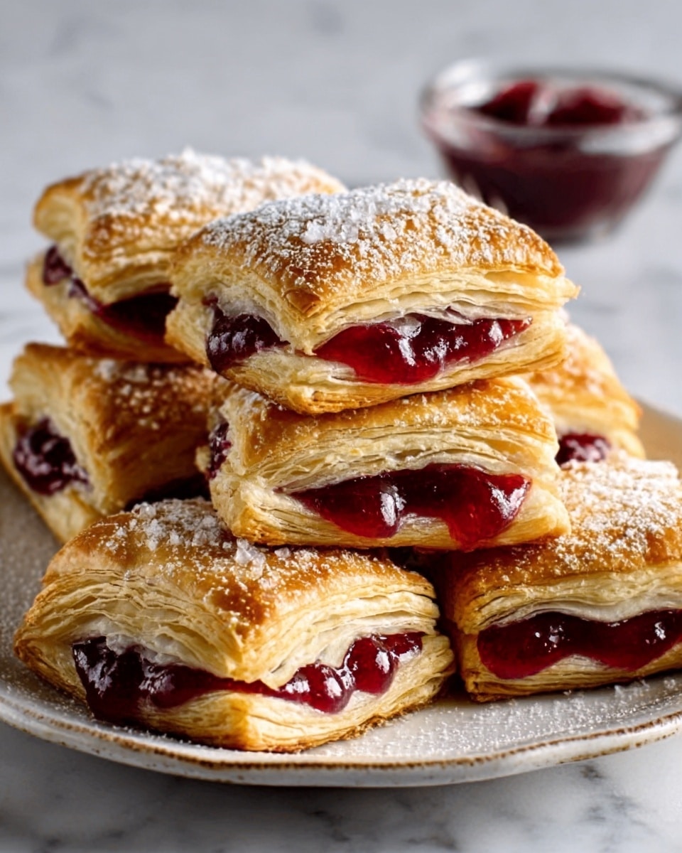 The image shows six square pastries with golden, flaky layers stacked with visible puff pastry texture. Each pastry is filled with a deep red, glossy cherry jam that oozes out slightly from under the top pastry layer. The top pastry layer has a light dusting of powdered sugar and some coarse sugar crystals scattered across it. The pastries are arranged close together on a white plate with slightly raised edges. The background surface is a white marbled texture. In the upper right corner, there is a small glass bowl with more cherry jam inside. photo taken with an iphone --ar 4:5 --v 7