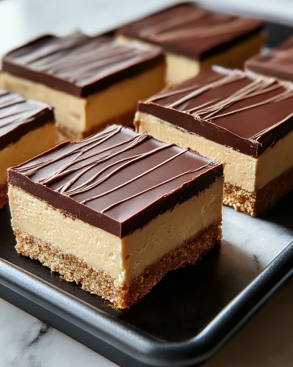 Four square dessert bars sit closely on a black tray. Each bar has three visible layers: the bottom is a rough crumbly golden brown crust, the middle is a thick, smooth light tan creamy layer, and the top is a shiny dark chocolate layer with thin chocolate lines drizzled across it in a wave pattern. The edges of the chocolate layer are slightly broken, showing its thickness. The bars are evenly cut and placed side by side. The background is a white marbled texture. Photo taken with an iphone --ar 4:5 --v 7