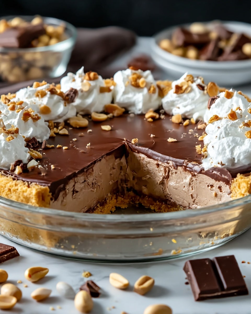A round dessert in a clear glass pie dish shows three main layers: a bottom golden brown crust, a thick middle light brown creamy layer, and a glossy dark brown chocolate topping. The top is decorated with white whipped cream dollops evenly spaced around the edge, each sprinkled with small brown nuts. Scattered on the surface are whole and chopped peanuts and square pieces of dark chocolate. A portion of the dessert is missing, revealing the smooth creamy layer inside. The dish is placed on a white marbled texture surface with some peanuts scattered nearby. photo taken with an iphone --ar 4:5 --v 7