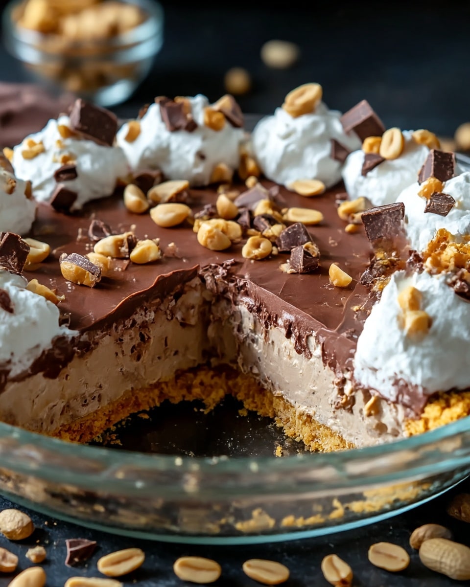 A chocolate cream pie with three visible layers in a clear glass pie dish: the bottom crust is golden and crumbly, the middle layer is light brown and creamy, and the top layer is smooth, dark chocolate. The edge is decorated with dollops of white whipped cream, each topped with pieces of chopped nuts and dark chocolate chunks. Whole peanuts and small nut pieces are scattered over the top and around the pie dish. The dish sits on a dark surface with some peanuts spread around it. photo taken with an iphone --ar 4:5 --v 7