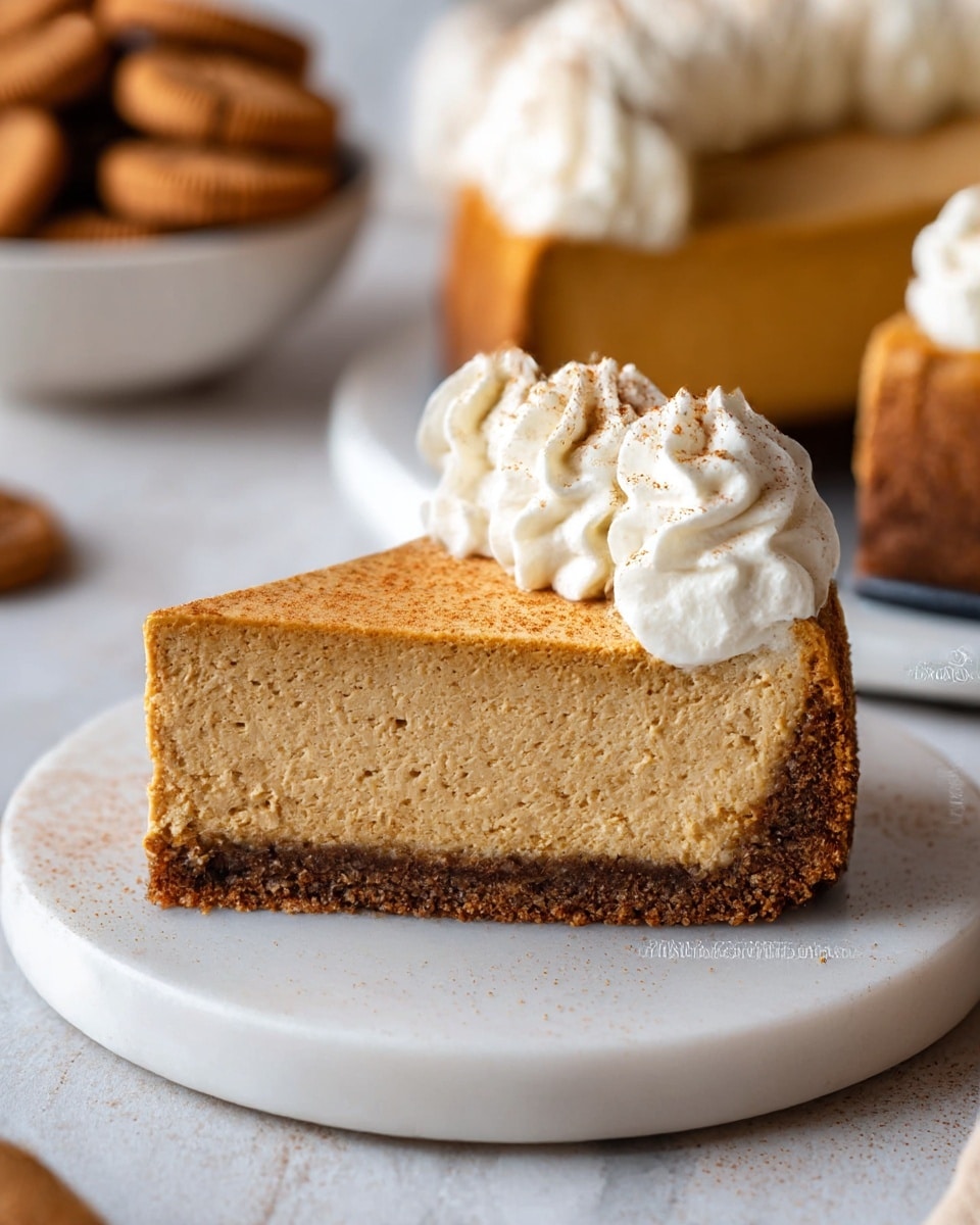 A pumpkin cheesecake slice sitting on a white marble plate with a slightly rough brown crust forming the bottom layer and a thick, smooth light brown pumpkin-flavored middle layer. On top, there is a thick layer of white whipped cream piped in swirled dollops along the edge, lightly dusted with cinnamon powder. The background includes a bowl of brown cookies and more cheesecake in soft focus. The plate rests on a white marbled texture. photo taken with an iphone --ar 4:5 --v 7