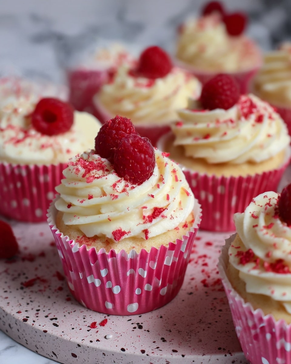 The image shows several cupcakes in pink polka dot liners, each with two visible layers: the base cake layer which is mostly hidden and the thick top layer of creamy white frosting swirled in soft peaks. On top of the frosting, there is a fresh red raspberry placed centrally on each cupcake. Around the raspberry, some small red sprinkles and powdered red dust add texture and color contrast to the smooth white frosting. The cupcakes are arranged on a round, light pink tray with speckled patterns, and the surrounding surface is a white marbled texture. Photo taken with an iphone --ar 4:5 --v 7