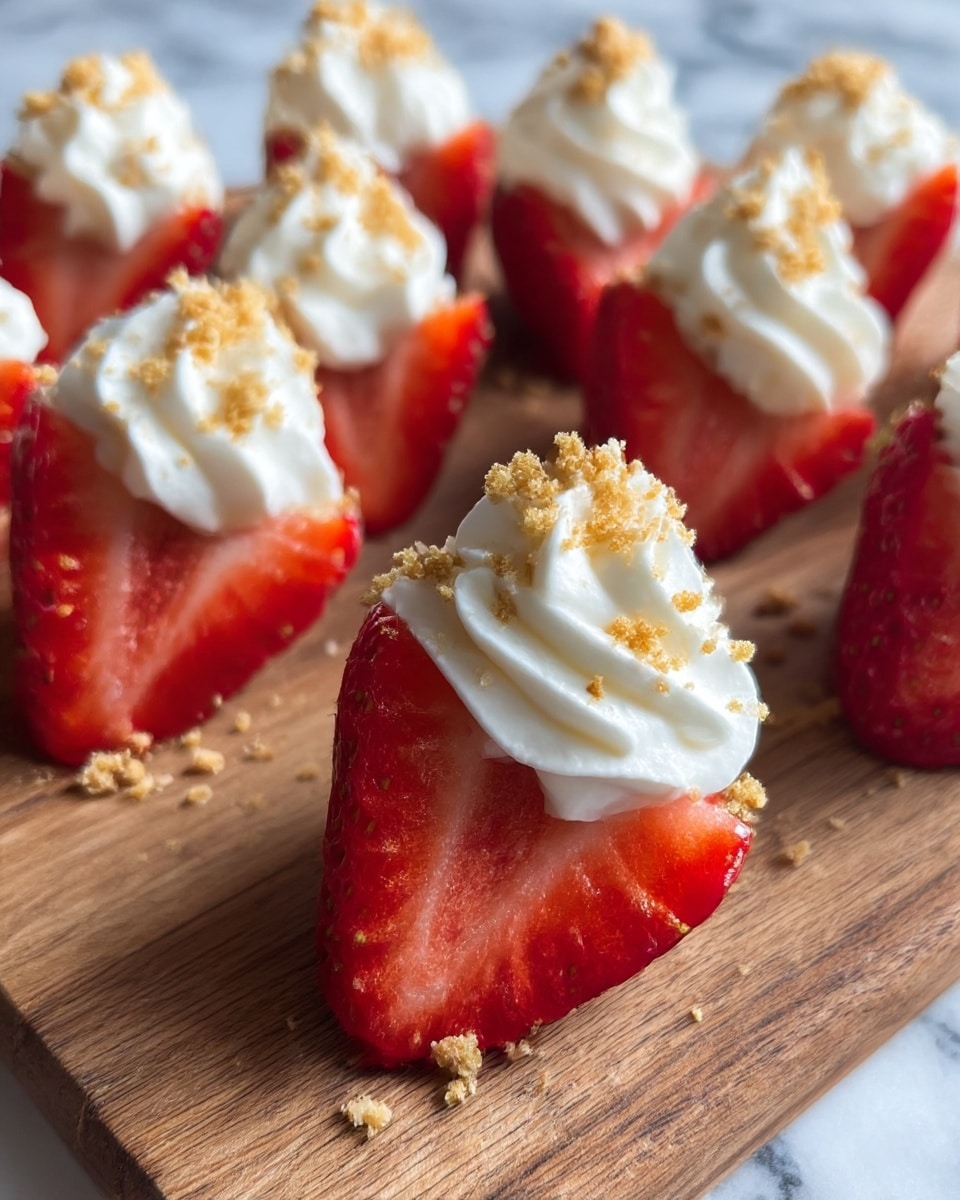 Several strawberry halves are arranged on a wooden board with one layer of bright red strawberry, topped with a dollop of white cream in a star shape that has a smooth, fluffy texture, sprinkled with light brown crumbled bits on top and around. The strawberries have tiny seeds visible and the cream is centered on each piece, creating a contrast of colors and textures. photo taken with an iphone --ar 4:5 --v 7