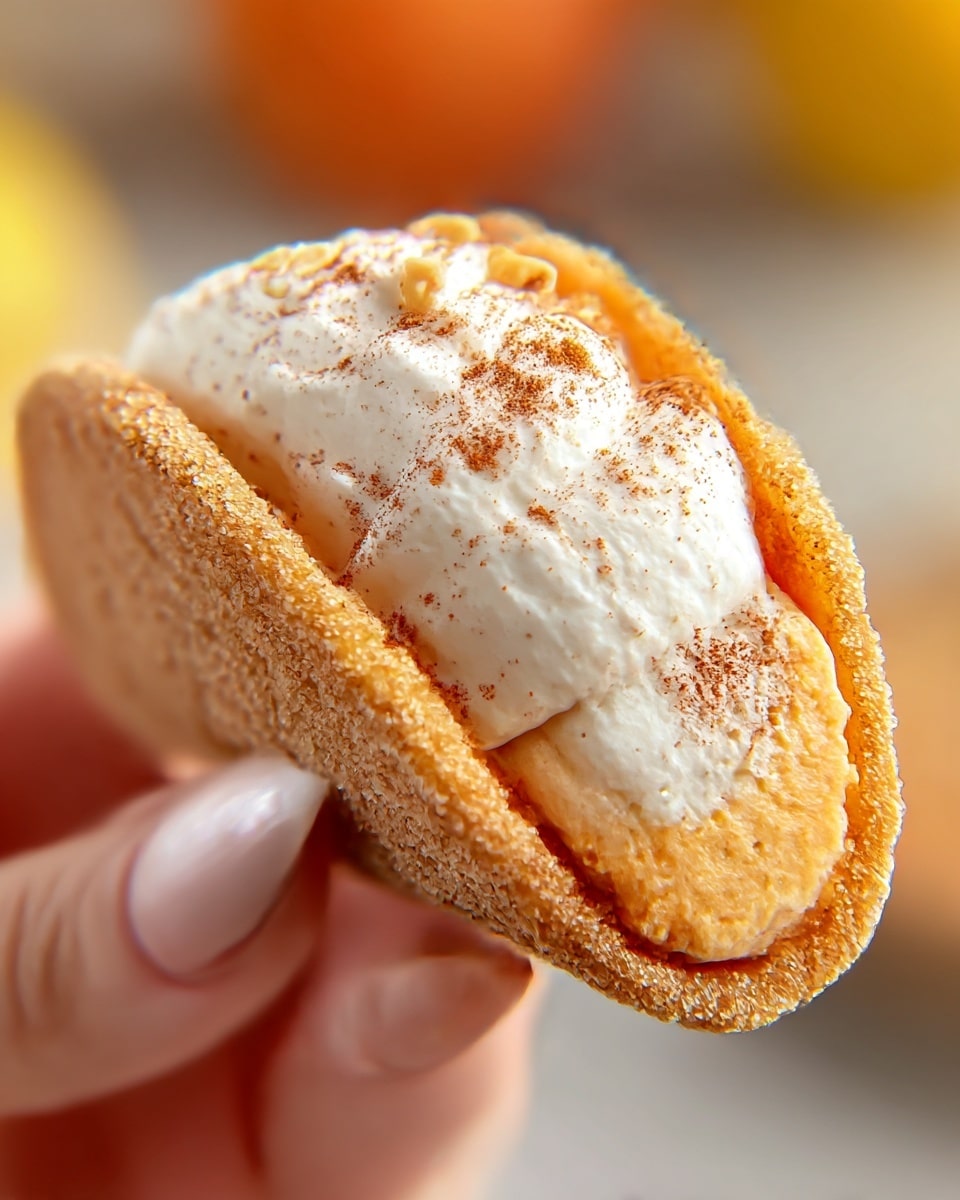 A close-up of a small taco-shaped dessert held by a woman's hand with long, light-colored nails; the taco shell has a rough, sugar-coated texture with a light golden-brown color. Inside, the bottom layer is a smooth, thick, orange filling with a slightly speckled texture, topped by a thick layer of white whipped cream that looks soft and airy, sprinkled with small pieces of nuts and a light dusting of brown spice. The background has a soft focus with warm orange and brown tones, and the overall image has a bright, natural light with a white marbled texture hint subtly visible. photo taken with an iphone --ar 4:5 --v 7