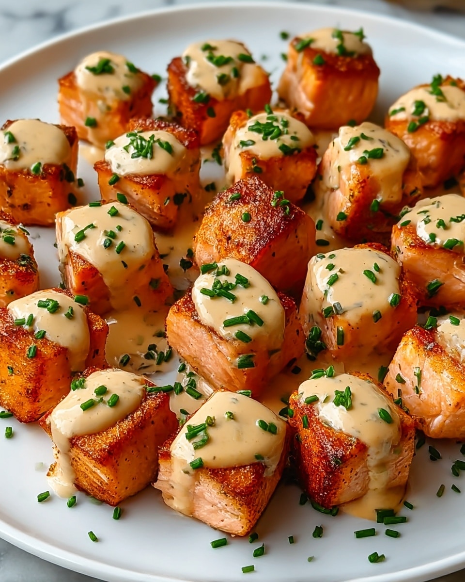 The image shows a white plate filled with many small, cubed pieces of cooked salmon, each piece having a light golden brown seared crust on the sides and top. Each salmon cube is topped with a light beige creamy sauce that looks smooth and shiny. Small green chopped chives are sprinkled both on the sauce and around the plate, adding contrast. The salmon pieces are arranged closely together, covering most of the plate, and are on a white marbled surface. The photo taken with an iphone --ar 4:5 --v 7