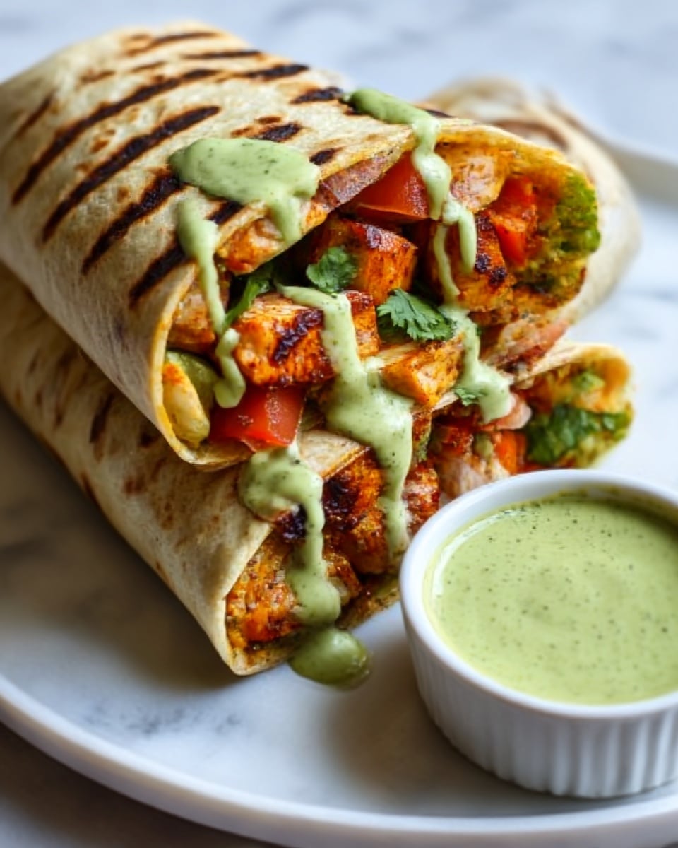 A large wrap is cut in half and placed on a white plate, resting on a white marbled surface. The wrap is golden brown with some grill marks, filled with layers of grilled chicken pieces that are orange-brown, chunks of red tomato, and green cilantro leaves. A creamy green sauce is drizzled over the top of the wrap and some sauce is in a small white bowl next to the wrap. The texture of the sauce looks smooth and slightly thick. photo taken with an iphone --ar 4:5 --v 7