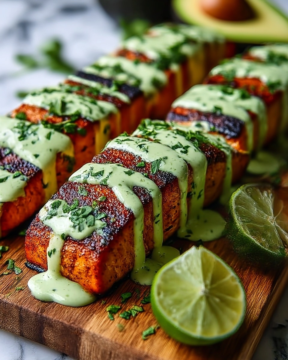 Two rows of grilled salmon fillets are arranged on a wooden cutting board. Each fillet has a crisp, charred outer layer with a deep reddish-brown color and is topped with drizzles of thick, creamy green sauce that looks smooth with small green herb pieces. Fresh chopped herbs are sprinkled generously on top of the salmon and sauce, adding a bright green contrast. On the right side of the cutting board, there are two halves of a lime showing a juicy, pale green interior. A sliced avocado with creamy light green flesh is blurred in the background. The whole scene is placed on a white marbled surface. Photo taken with an iphone --ar 4:5 --v 7