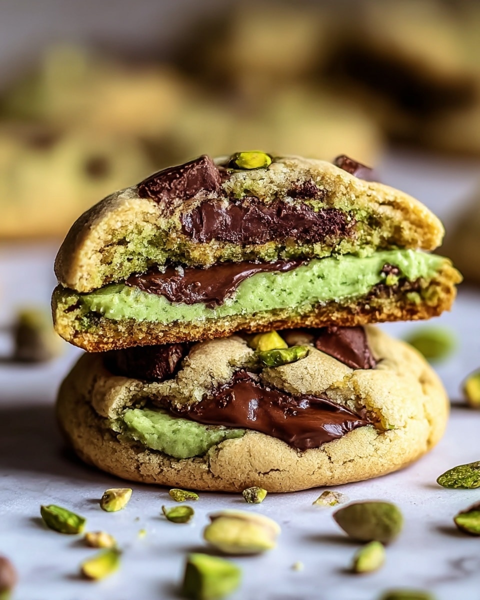 The image shows two soft cookies stacked on a white marbled surface, one broken in half and placed on top of the other to reveal vibrant green and rich dark brown filling layers inside. The outer cookie layer is a light golden brown with a slightly cracked texture, holding large chocolate chunks and pistachio pieces visible on top and around the cookies. The vibrant green layer appears smooth and creamy, while the dark brown layer underneath looks like melted chocolate, creating a strong contrast inside the cookie. Scattered pistachio pieces and chocolate chunks add texture and color around the cookies. Photo taken with an iphone --ar 4:5 --v 7