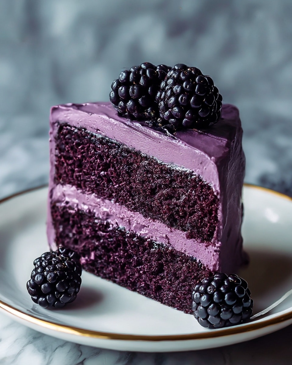 A rich two-layer dark purple cake with a smooth, thick layer of purple frosting between the layers and covering the whole outside. The top is decorated with a small pile of shiny, plump blackberries, and a few more blackberries sit on the edge of the white plate with a gold rim. The texture of the cake looks moist and dense, while the frosting is creamy and slightly glossy. The background shows a soft, blurred white marbled texture beneath the plate. Photo taken with an iphone --ar 4:5 --v 7