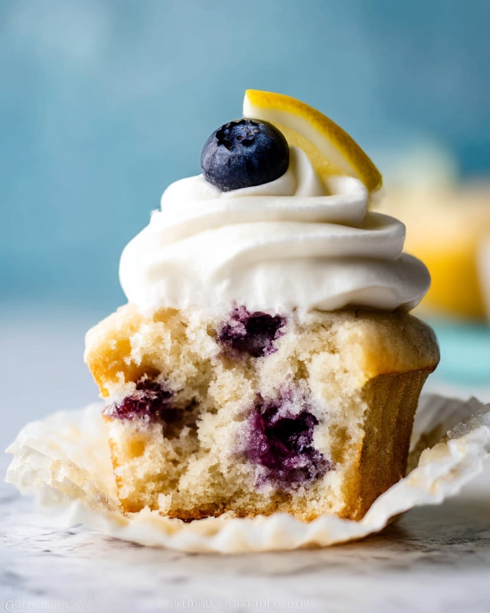 A close-up of a partially eaten blueberry muffin with a soft, crumbly texture and visible purple blueberry spots inside the light golden-brown cake layer, topped with a thick, smooth swirl of white whipped cream. On top of the cream is a small dark blue blueberry and a thin yellow lemon slice, slightly angled. The muffin sits on a crumpled white muffin liner, all placed on a white marbled textured surface with a soft, blurred blue background. photo taken with an iphone --ar 4:5 --v 7