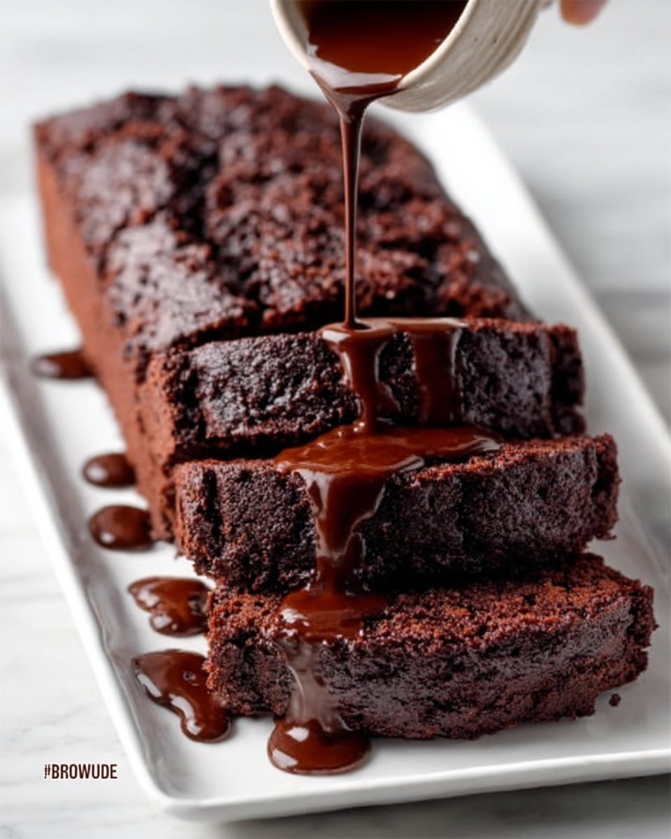 The image shows a loaf of thick, dark chocolate brownies cut into four pieces and stacked slightly on a long white rectangular plate. The brownies look dense and moist with a rough, crumbly texture on top. A rich, glossy chocolate sauce is being poured over the top from above, dripping down the sides of the brownies and pooling slightly on the plate. A woman’s hand holds the container from which the sauce is poured. The background is a white marbled surface. photo taken with an iphone --ar 4:5 --v 7