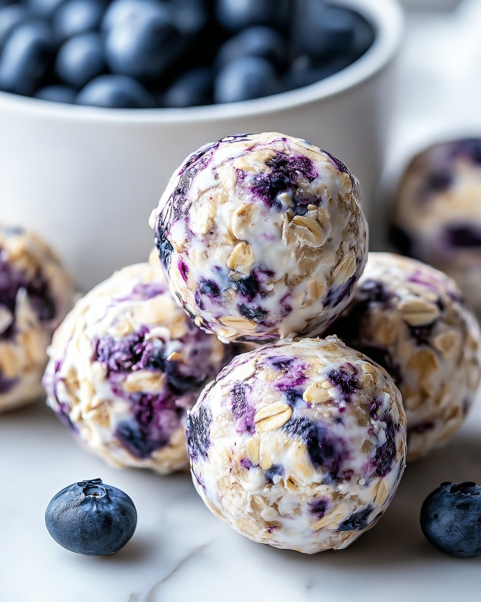 The image shows a close-up of several round balls made of oats mixed with creamy white base and specks of dark purple blueberries, giving the balls a marbled appearance of cream, light brown oat flakes, and deep purple berry spots. The balls have a smooth yet textured surface with visible oats and blueberries spread evenly throughout. In the background, there is a white bowl filled with fresh blueberries blurred out, placed on a white marbled surface. One blueberry lies near the oat balls in the foreground. The lighting highlights the moist and fresh texture of the balls. photo taken with an iphone --ar 4:5 --v 7