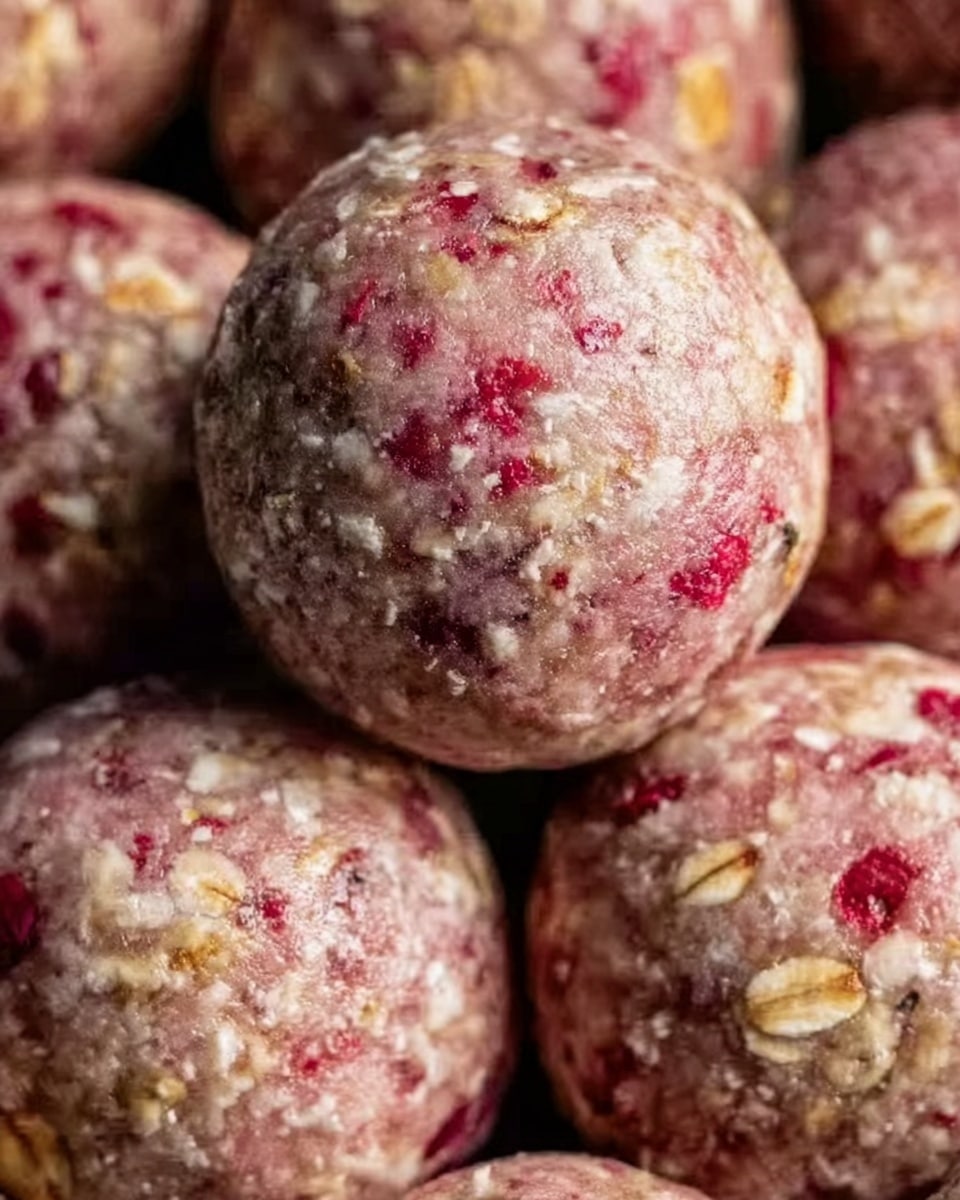 The image shows several round energy balls stacked closely together, with one ball on top at the center. Each ball has a rough texture covered with small oats and tiny red fruit pieces, giving them a pink and beige mix of colors. The oats create a grainy surface against the smooth, soft background of the balls, which appear moist and dense. The overall look is natural and wholesome, with some areas showing slightly shiny spots from moisture. The photo taken with an iphone --ar 4:5 --v 7