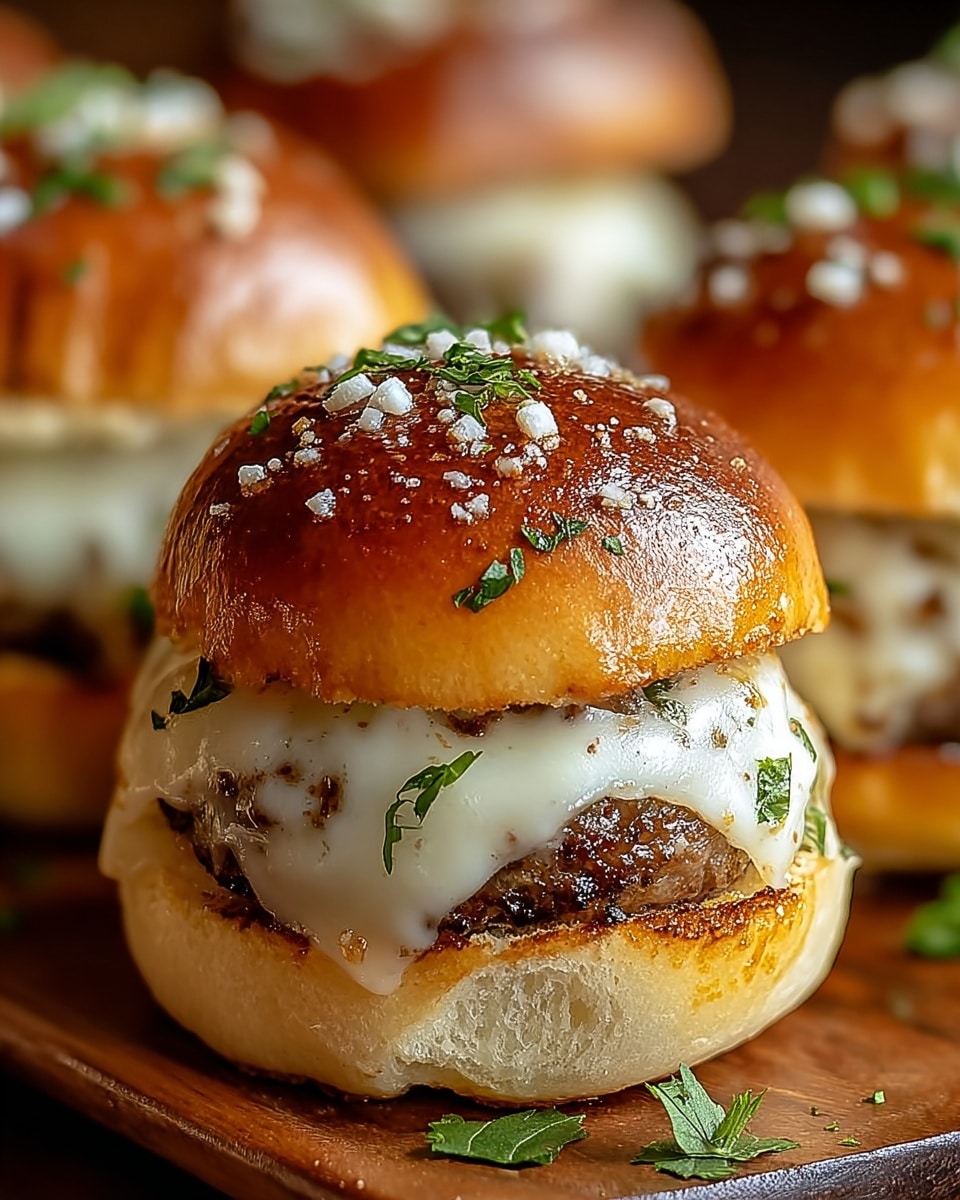 A close-up view of a small sandwich with three layers: a shiny golden-brown top bun sprinkled with small white bits and chopped green herbs, a middle layer of melted white cheese softly oozing over a browned, juicy meat patty, and a soft, pale bottom bun. The sandwich sits on a wooden board with a few green herb pieces scattered around, and in the blurry background, there are similar sandwiches. The photo taken with an iphone --ar 4:5 --v 7