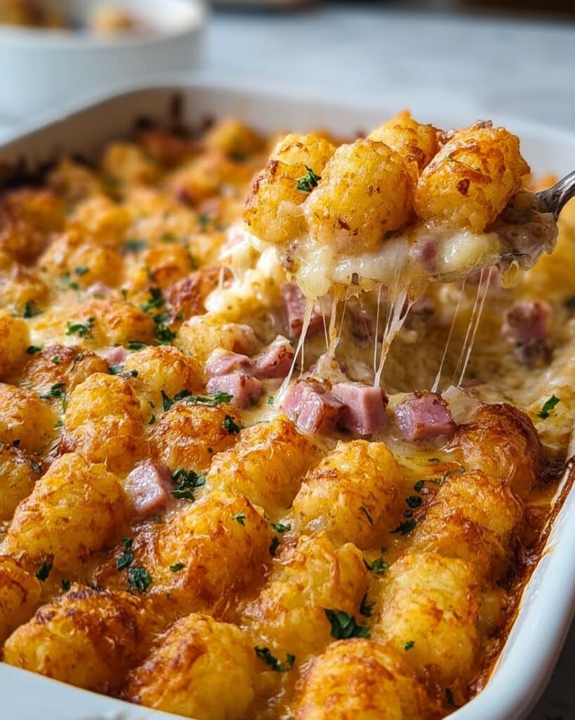Ultimate Comfort Ham and Tater Tot Casserole with Creamy Cheese Sauce Recipe
