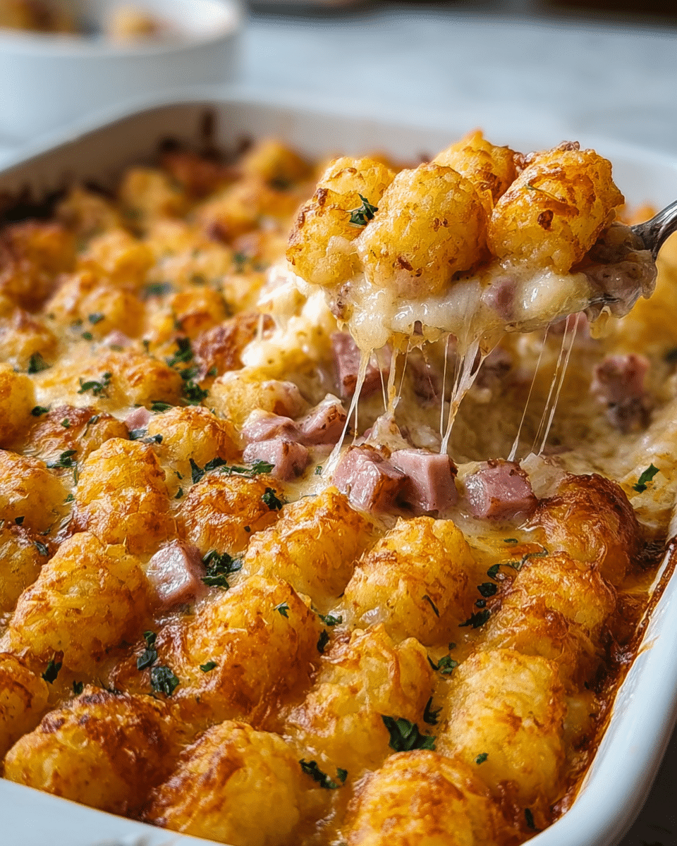 This dish is a baked casserole served in a white rectangular dish on a white marbled surface. The top layer is made of golden brown crispy tater tots arranged closely in a grid-like pattern, with some specks of green herbs sprinkled over. Below the tater tots, there is a thick layer of melted, stretchy cheese mixed with small square pieces of pinkish ham or bacon, all covered in a creamy sauce that lightly shows around the edges of the tater tots. A spoon is lifting a portion, revealing the gooey melted cheese stretched in long strands below the upper crisp surface. Photo taken with an iphone --ar 4:5 --v 7