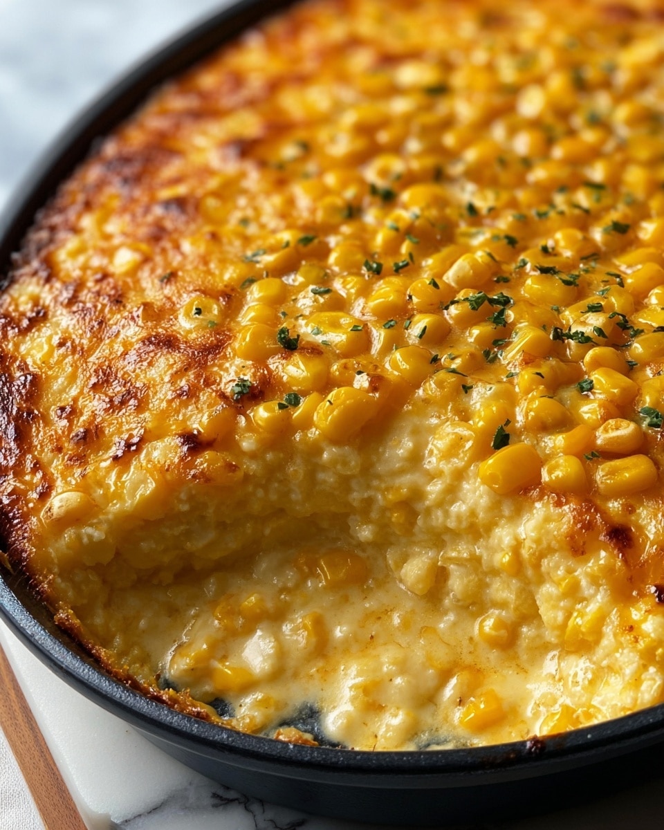A close-up of a creamy corn casserole in a white oval dish, showing one large scoop missing from the front left side. The dish has multiple layers with creamy, soft yellow corn kernels mixed with melted white cheese inside, topped with a golden-brown cheese layer speckled with small bits of green herbs. The top layer is slightly crispy with a glossy finish, showing a mix of yellow corn and melted cheese bubbling through, all resting on a white marbled surface. Photo taken with an iphone --ar 4:5 --v 7