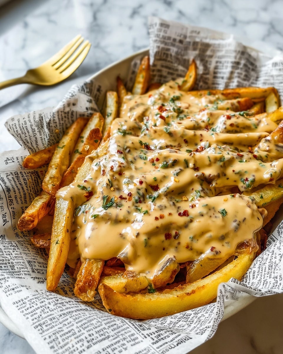 A dish of crispy golden fries spread in a white bowl lined with newspaper-style paper, topped generously with a creamy, light brown cheese sauce speckled with green herbs and small red chili flakes scattered evenly on the surface. The fries underneath have a slightly darker crisp texture, with some edges poking out around the sauce. The whole dish sits on a white marbled surface, and in the top left corner, a gold fork rests on the table. Photo taken with an iphone --ar 4:5 --v 7