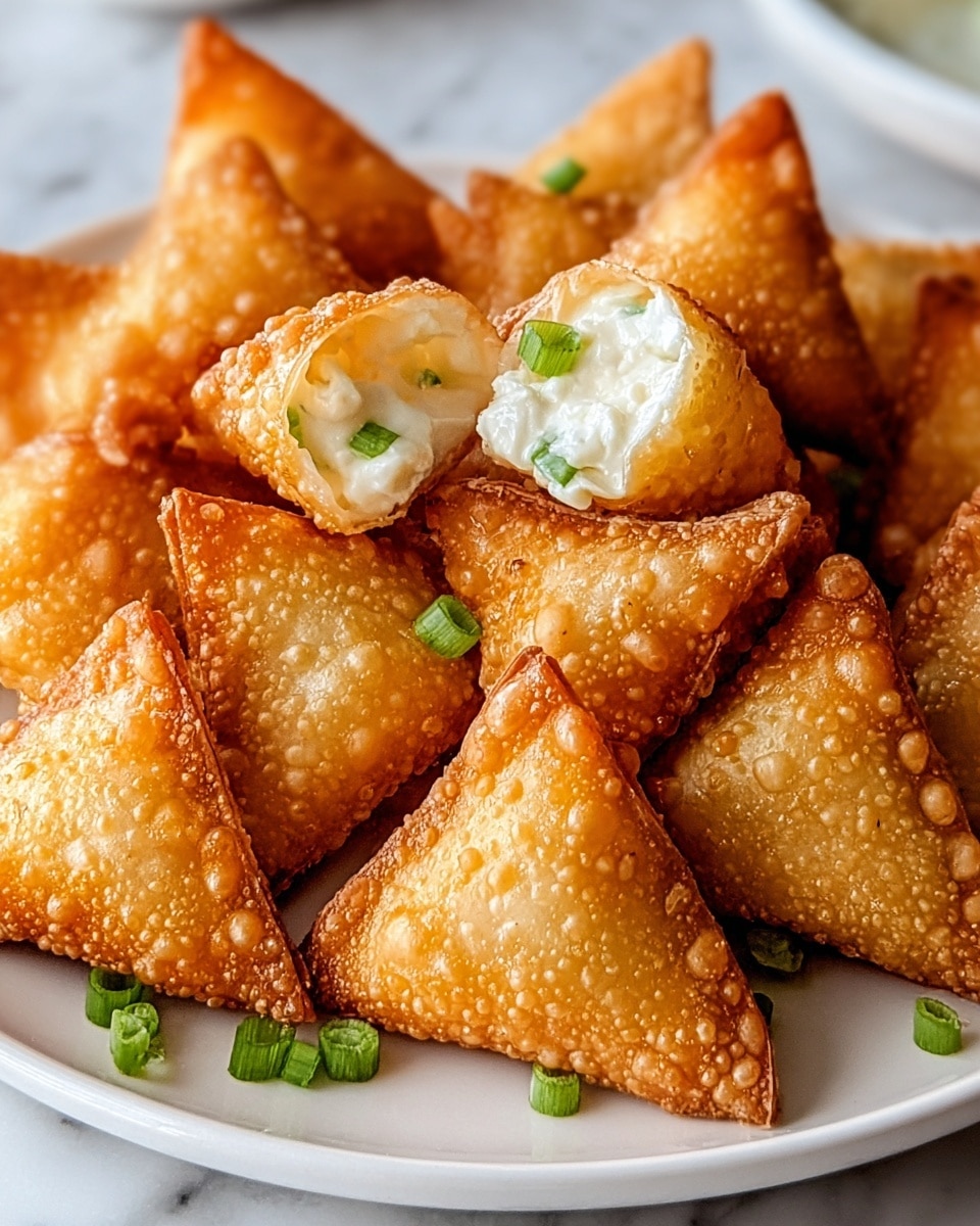 The image shows a white plate full of small, golden brown, crispy triangular fried snacks. Each piece has a bubbly, crunchy texture on the outside. One of the triangles is broken open to show a creamy white filling inside, topped with a small piece of green onion. Small chopped green onions are scattered on top and around the snacks, adding a hint of fresh green color. The plate is on a white marbled surface. photo taken with an iphone --ar 4:5 --v 7