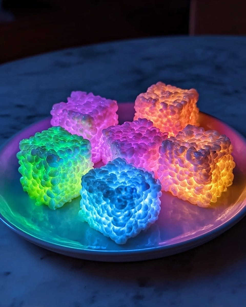 A white plate sits on a white marbled surface, holding eight glowing cube-shaped pieces that resemble crispy rice treats. Each cube has a bumpy, airy texture with small rounded pockets on the surface. The cubes are arranged in two rows; the front row has three brightly lit cubes glowing in green and blue shades, while the back row has five cubes glowing in pink, purple, and warm orange colors. The lighting makes the treats look luminous and colorful in a dark setting, with a soft glow spreading around the plate. Photo taken with an iphone --ar 4:5 --v 7