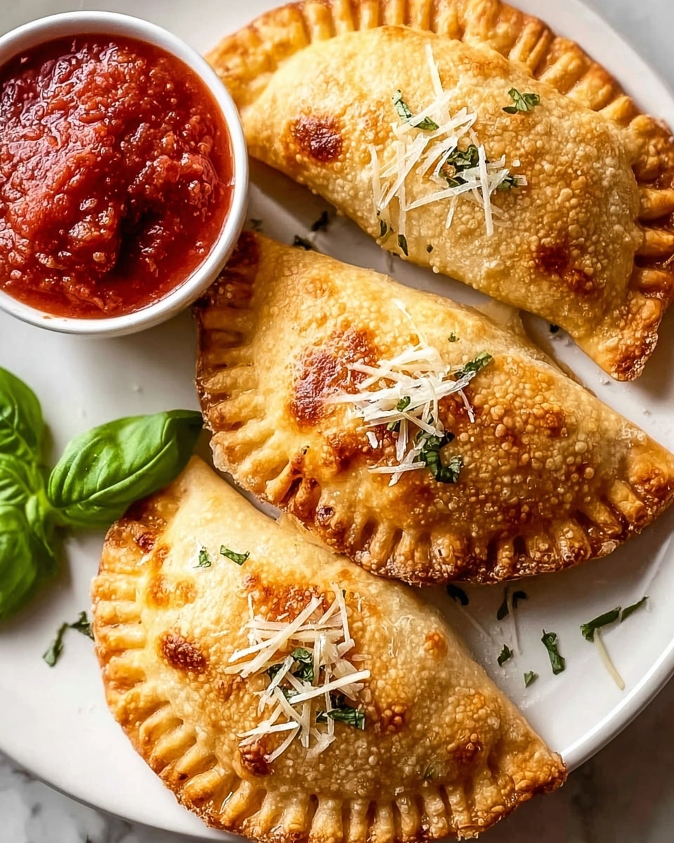 The image shows three golden-brown baked turnovers placed on a white plate, each with a crimped edge and a lightly crispy texture. Each turnover has a small garnish of shredded white cheese and green herbs sprinkled on top, adding a fresh contrast. On the upper left side of the plate, there is a small white bowl filled with a bright red chunky sauce. A single fresh green basil leaf is placed next to the bowl, adding a pop of color. The plate is set on a white marbled surface that adds a soft, clean background to the warm colors of the food. photo taken with an iphone --ar 4:5 --v 7