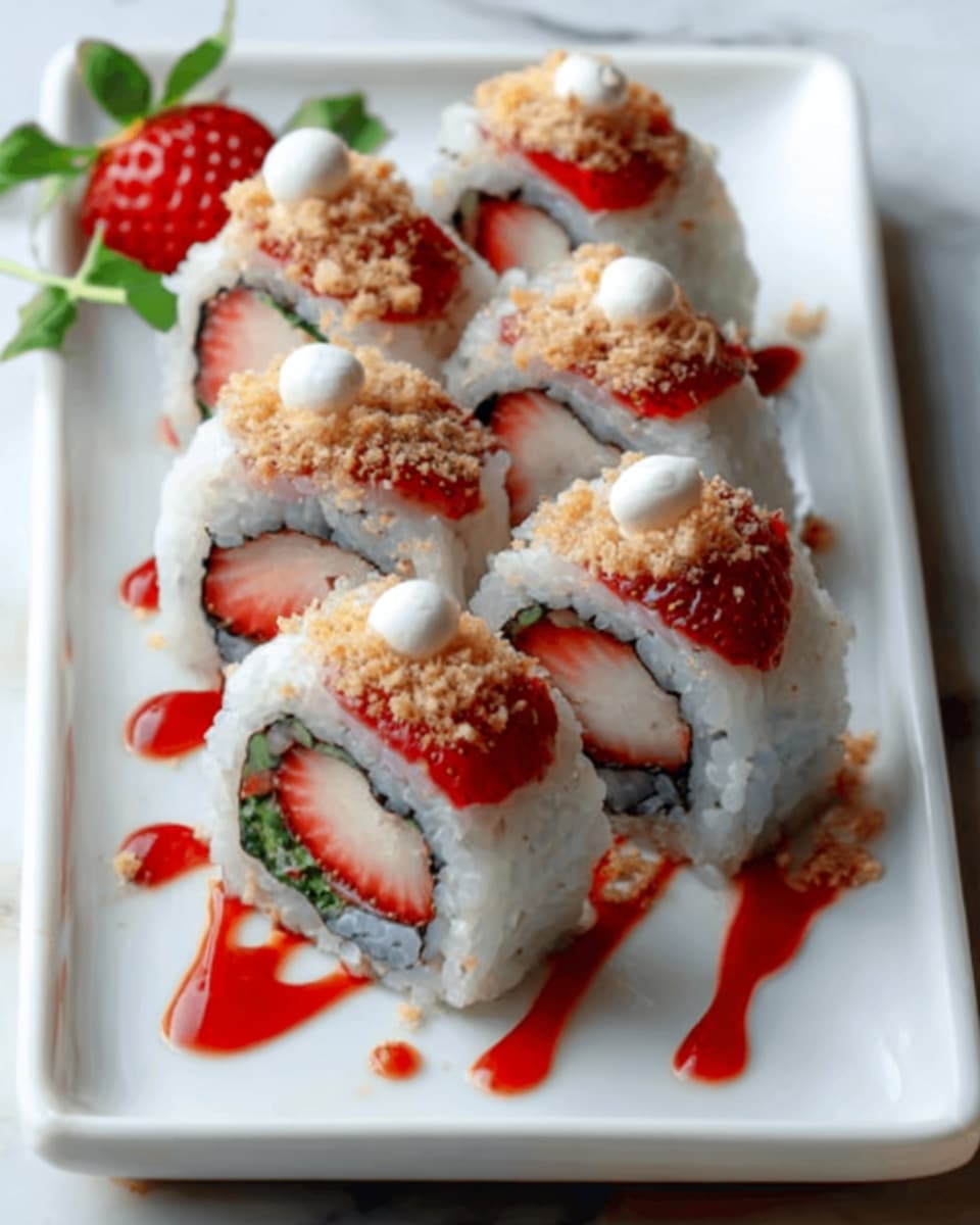 The image shows a white rectangular plate with six sushi rolls arranged in two rows. Each roll has a visible strawberry slice in the center, surrounded by white rice and wrapped with a thin layer of seaweed inside. The outside of the rolls is topped with red strawberry slices and sprinkled with a light tan crumbly topping. There are small drops of bright red sauce on the plate around the sushi. The background is a white marbled surface. photo taken with an iphone --ar 4:5 --v 7