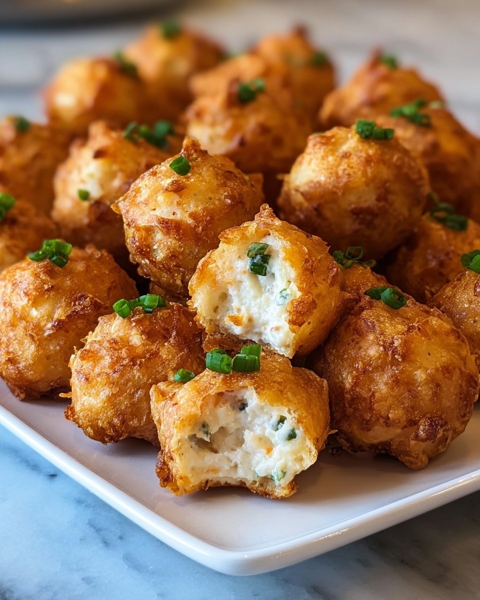 The image shows a white square plate filled with small, round, golden-brown fried bites arranged in neat rows. Each bite has a crispy, textured outer layer with a slightly uneven surface, giving it a crunchy look. One of the bites in the front is cut open, revealing a soft, creamy white filling mixed with small green pieces of chives inside. The bites have small green chive bits on top for decoration. The plate is placed on a white marbled surface, and the background is softly blurred to keep the focus on the food. photo taken with an iphone --ar 4:5 --v 7