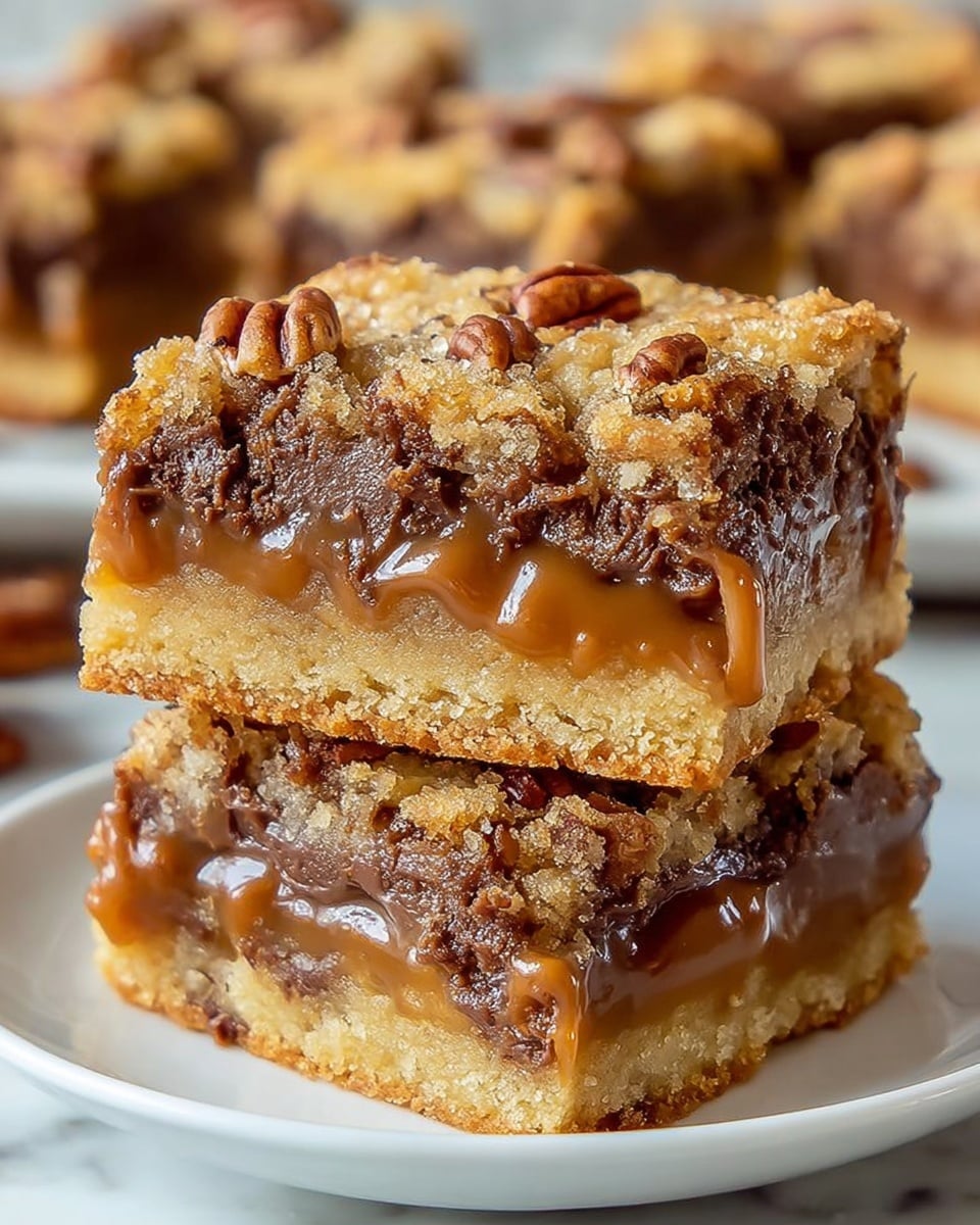 The image shows two stacked dessert bars on a white plate placed on a white marbled surface. Each bar has four layers: a thick, light golden crumbly base at the bottom, followed by a dark, rich chocolate layer with a slightly melted texture. Above the chocolate is a gooey caramel layer that oozes slightly on the sides, topped with another golden crumbly layer embedded with whole pecans. The bars have a soft and slightly rough texture on top with visible pecan halves. In the background, blurred bars sit in a metal pan. Photo taken with an iphone --ar 4:5 --v 7