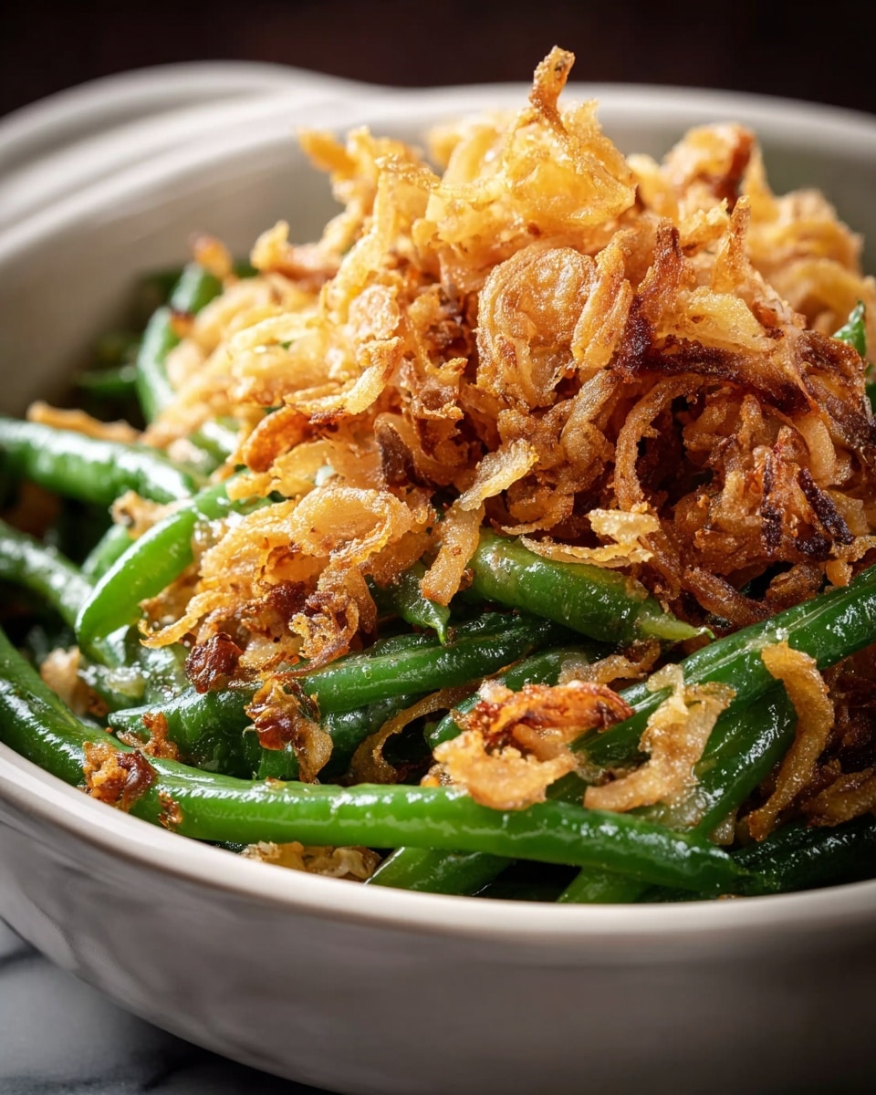 A close-up shot of a dish featuring a layer of bright green, crisp green beans at the bottom, covered by a generous layer of golden-brown crispy fried onions on top, all served in a white bowl with black stripes near the rim. The green beans look fresh and slightly glossy, while the crispy onions are curly with a crunchy, textured appearance. The image has a white marbled texture background, enhancing the colors of the dish. Photo taken with an iphone --ar 4:5 --v 7