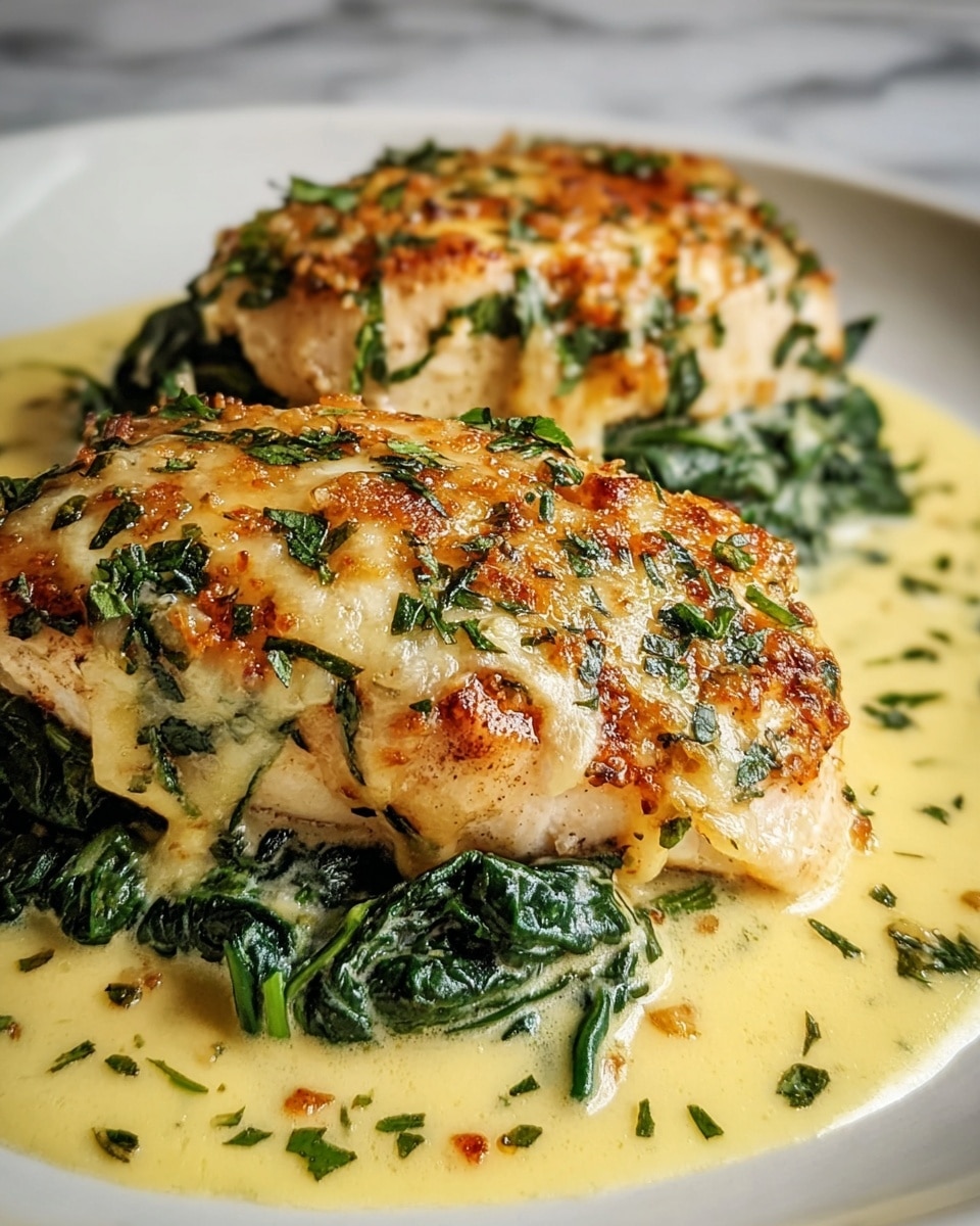 Two thick, golden-brown seared chicken breasts sit on a bed of creamy sautéed dark green spinach. Each chicken piece is topped with a smooth, pale yellow cheese sauce with browned spots and small green herb bits scattered on top. The sauce spreads onto the white plate, blending with the creamy spinach underneath, creating a rich, glistening look. The plate rests on a white marbled surface. photo taken with an iphone --ar 4:5 --v 7