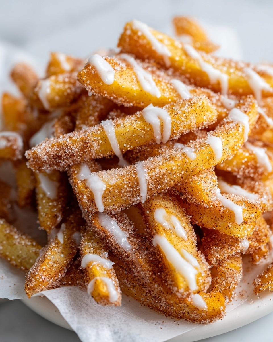 A close-up view of golden, crispy fries piled on a white plate, each piece coated in a rough layer of cinnamon sugar that gives a sandy texture. Light brown specks of cinnamon are visible across the fries, with fine granules of white sugar sprinkled evenly. A thin white glaze is drizzled in irregular lines over the top, adding shine and contrast to the warm tones. The fries have a mix of smooth and rough surfaces, with some pointed ends and crisp edges, resting on a white marbled texture beneath the plate. photo taken with an iphone --ar 4:5 --v 7