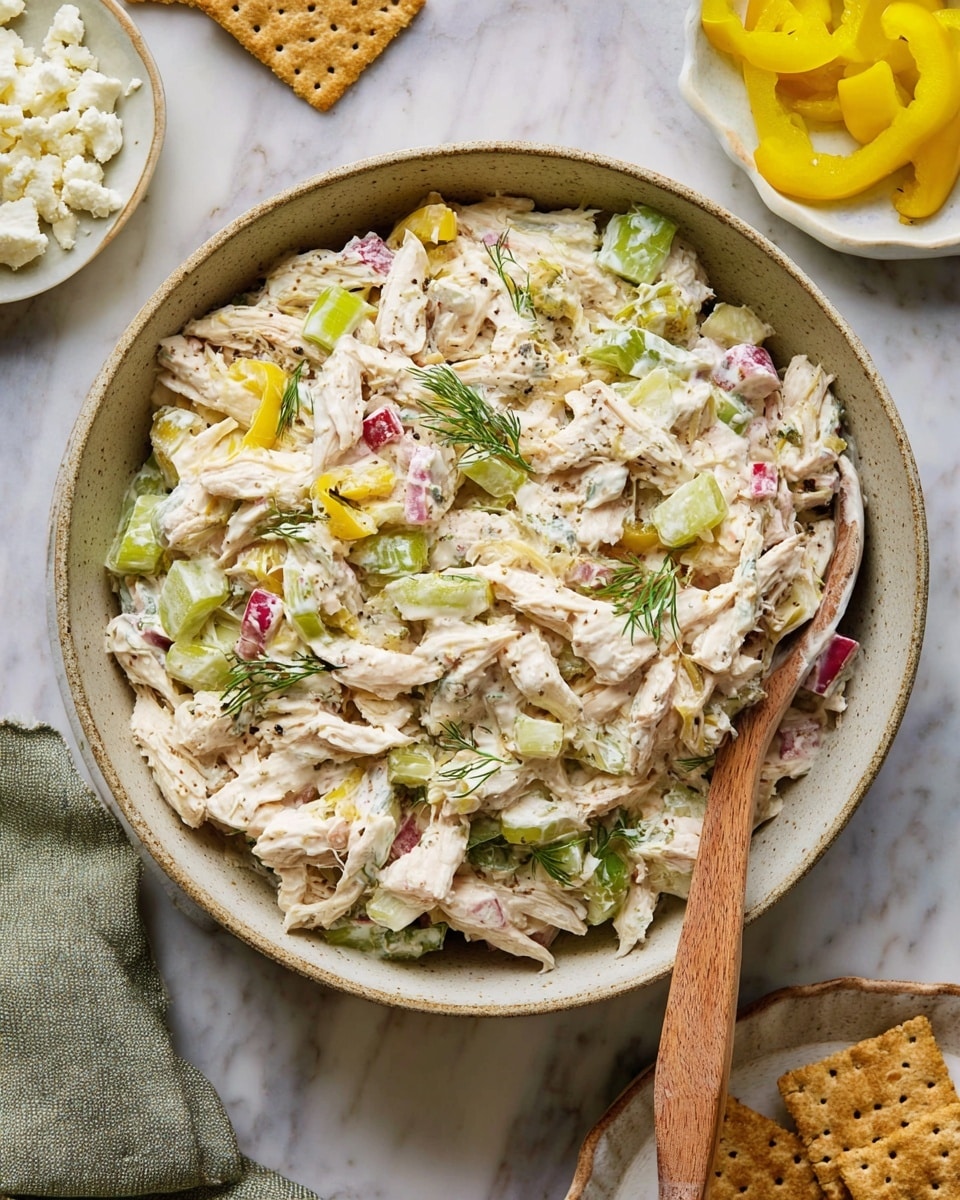A large tan bowl holds a creamy chicken salad with visible shredded white chicken pieces, sliced green celery, thin red onion bits, yellow pepper rings, and small dill sprigs mixed evenly in the thick white dressing; a wooden spoon rests inside the bowl, partially covered by the salad. On the left, a white plate with crumbled white cheese sits next to a green textured fabric, and on the top right, a small white bowl contains sliced bright yellow pickled peppers. A light brown cracker with oats is placed near the bowl on a white marbled surface. Photo taken with an iphone --ar 4:5 --v 7
