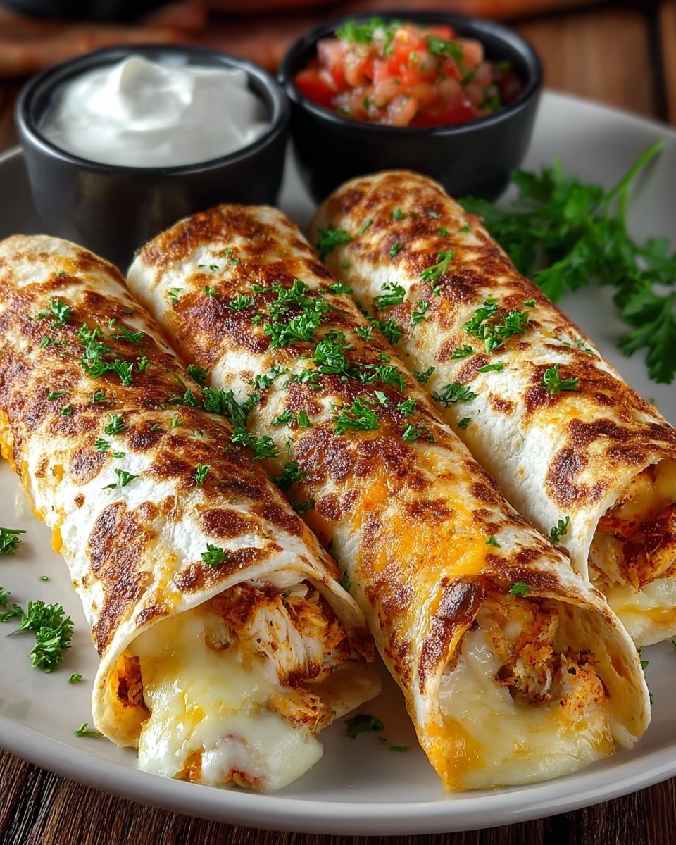 The image shows three grilled chicken and cheese burritos placed side by side on a white plate, each burrito wrapped in a toasted tortilla with a golden-brown, slightly crispy surface and garnished with fresh chopped parsley scattered on top and around the plate. The tortillas are slightly open at one end, revealing layers of melted white cheese and grilled chicken pieces inside, with the cheese oozing out a little. In the background, there are two small black bowls, one filled with white sour cream topped with parsley, and the other with chunky red salsa made of diced tomatoes, onions, and green herbs. The plate is set on a wooden surface replaced with a white marbled texture, giving a clean and bright look. photo taken with an iphone --ar 4:5 --v 7