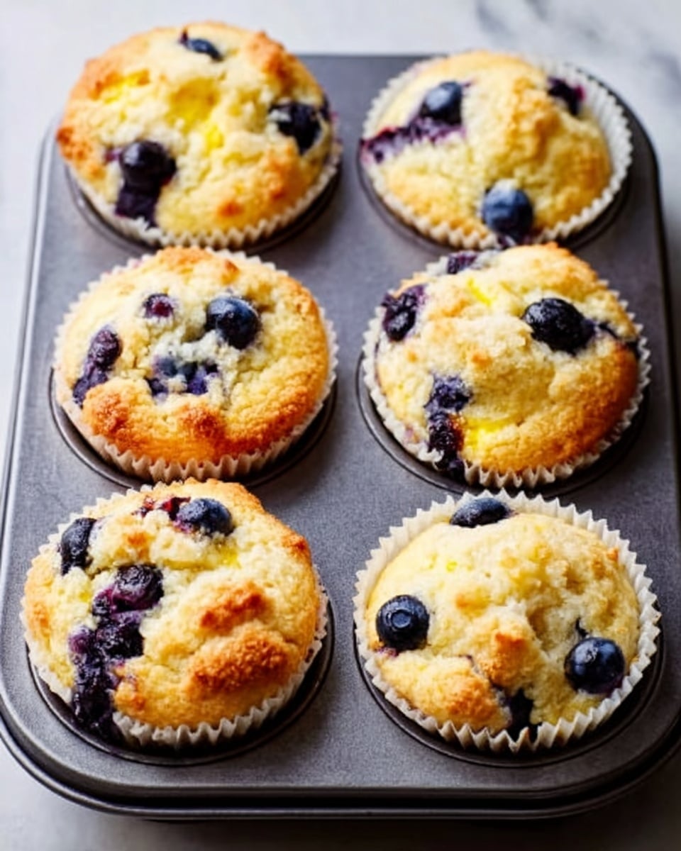 A close-up of six blueberry muffins in white paper liners inside a dark muffin tray. Each muffin has a golden-baked, slightly rough top with a few fresh blueberries visible, some slightly sunken into the soft, light yellow cake. The texture looks fluffy and moist with a few crumbly parts on the surface. The background is a white marbled texture. photo taken with an iphone --ar 4:5 --v 7