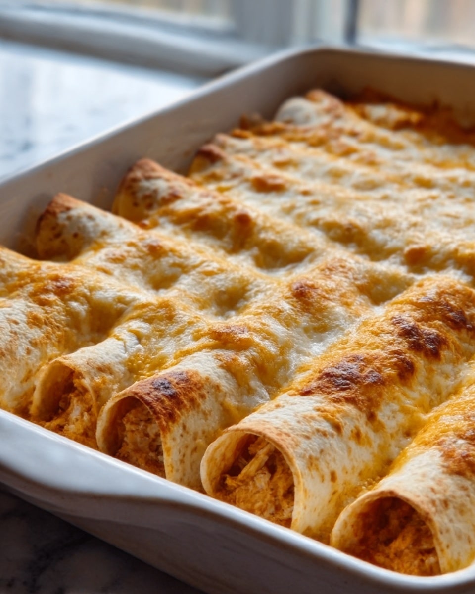 A close-up view of a baking dish filled with tightly rolled enchiladas, each roll showing layers of soft tortilla shells wrapped around a shredded chicken filling. The top is covered with melted cheese that is golden brown with some bubbling, and a rich sauce slightly visible under the cheese. The dish sits on a white marbled surface with a blurry background that hints at a kitchen window. The white baking dish contrasts with the warm colors of the food, emphasizing the texture of the melted cheese and the chicken inside. Photo taken with an iphone --ar 4:5 --v 7
