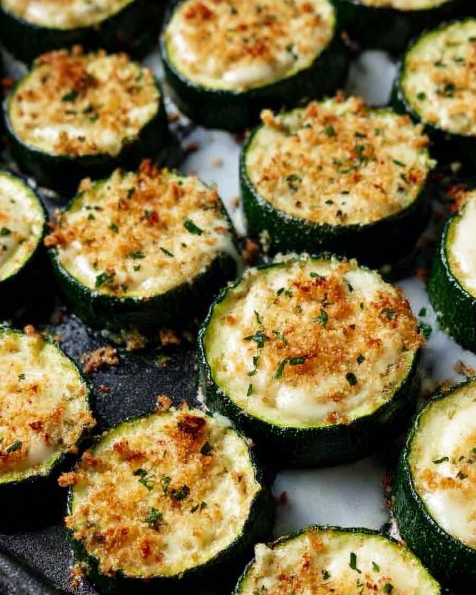 The image shows many round zucchini slices arranged closely together on a black tray. Each slice has a green outer edge and is topped with a light golden layer of baked cheese mixed with herbs, creating a slightly crispy texture. The cheese layer has small green herb pieces sprinkled all over, giving a fresh look. Some slices show a soft, melted cheese surface with a little browning. The background is a white marbled texture. Photo taken with an iphone --ar 4:5 --v 7