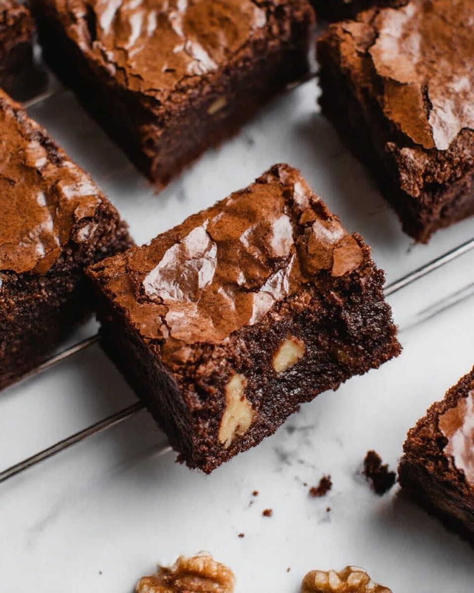The image shows several square chocolate brownies with a shiny, cracked top layer, arranged on a metal wire cooling rack. The brownies are rich dark brown with a soft, moist texture inside, and some pieces have visible small walnut chunks embedded near the top layer. There are a few brownie crumbs scattered on the rack and the white marbled surface below. Whole shelled walnuts are placed around the rack, adding a natural touch. photo taken with an iphone --ar 4:5 --v 7
