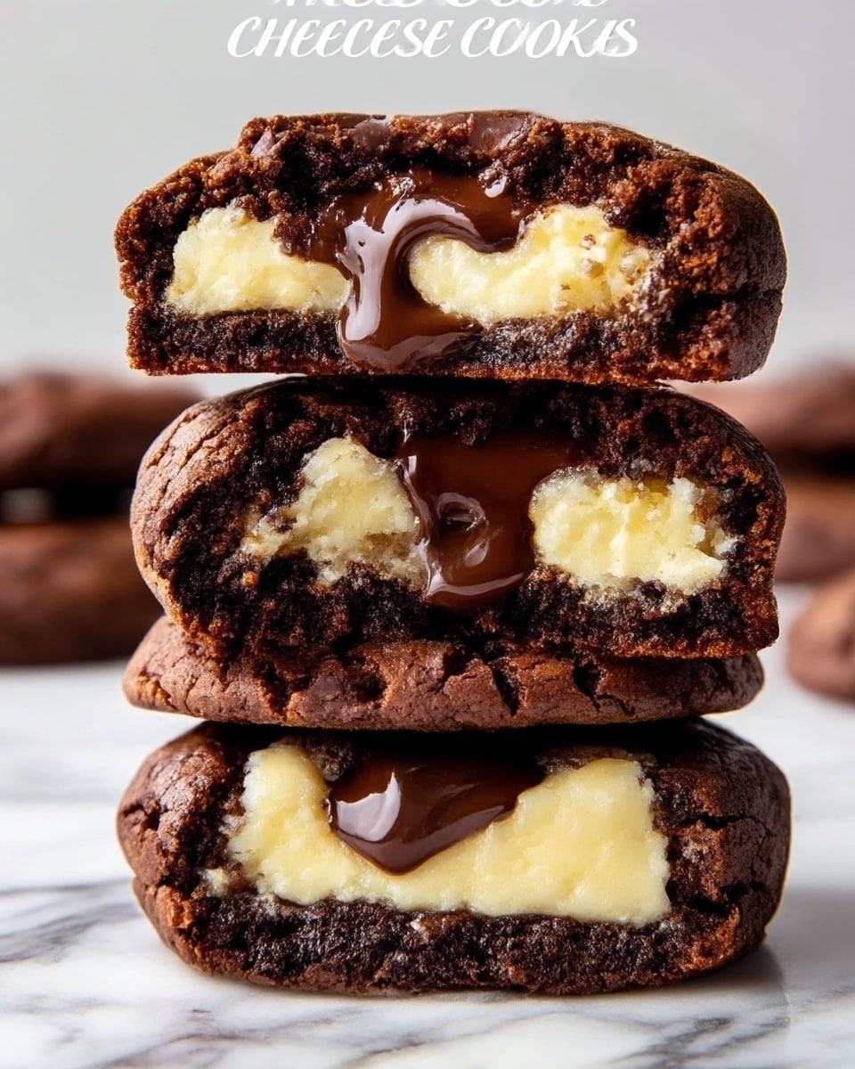 The image shows a close-up of three stacked cheesecake cookies cut in half to reveal their inside layers. Each cookie has a dark brown, slightly cracked outer layer of chocolate cookie dough. Inside, there is a creamy pale yellow cheesecake layer that contrasts with the chocolate. In the center of each cookie, there is a glossy, melted dark chocolate filling that looks rich and smooth. The cookies are arranged on a white marbled surface with soft lighting that highlights the texture of the chocolate and cheesecake layers. The top cookie is slightly tilted to clearly show the creamy filling inside. photo taken with an iphone --ar 4:5 --v 7