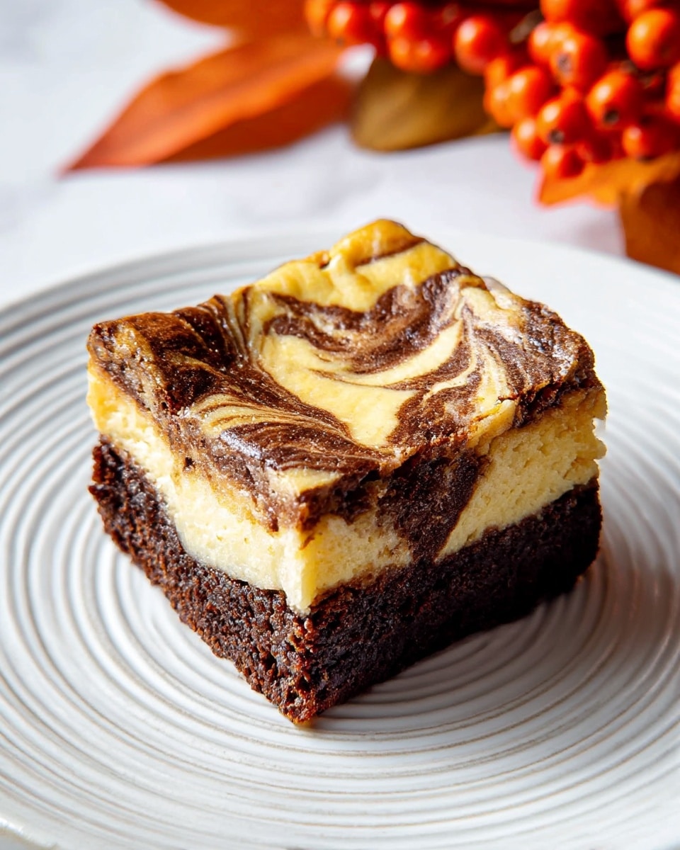 A close-up of a square piece of two-layered dessert placed in the center of a white plate with circular ridges, set on a white marbled texture. The bottom layer is thick, dark brown, and fudgy with a slightly rough texture. The top layer is creamy yellow with smooth swirls of dark brown that create a marbled pattern across the surface. The edges of the top layer are slightly raised and browned, showing a soft and moist texture inside. In the top right corner, there are small orange and red decorative elements slightly out of focus. Photo taken with an iphone --ar 4:5 --v 7