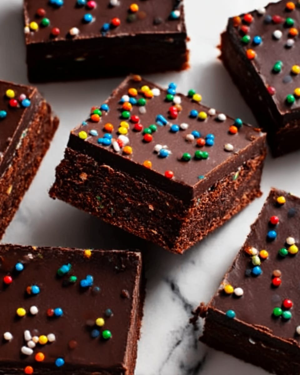 The image shows several square-shaped chocolate brownies placed close together on a white marbled surface. Each brownie has a smooth, shiny dark chocolate layer on top, covered with small, round, colorful sprinkles evenly spread out. The brownies look dense and moist with a thick, rich texture visible at the edges, showing a darker chocolate color underneath the glossy top layer. The pieces are arranged in a slightly uneven pattern, some overlapping slightly. Photo taken with an iphone --ar 4:5 --v 7