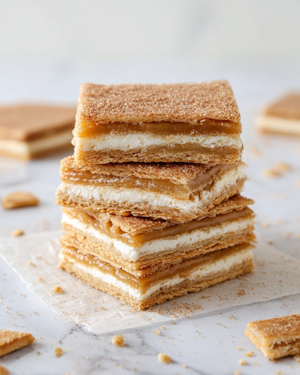A tall stack of layered cinnamon sugar dessert bars sits on light brown parchment over a white marbled surface. The dessert has five visible layers with alternating colors and textures: a light tan crispy cracker or biscuit base, a creamy white layer, and a golden caramel layer. The top is dusted heavily with cinnamon sugar, giving a grainy texture with sparkles. Crumbs and broken pieces of the bars are scattered nearby, adding detail. The caramel looks smooth and slightly sticky, while the biscuit layers appear crunchy and airy. photo taken with an iphone --ar 4:5 --v 7