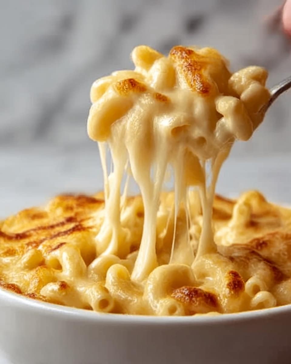 The image shows a close-up of a white bowl filled with creamy macaroni and cheese. The dish has two visible layers: the bottom layer is a soft, golden yellow macaroni pasta, and the top layer is a gooey, melted pale yellow cheese that stretches in long strings as a woman's hand lifts a spoonful. The cheese looks smooth with some browned spots on top, giving a slightly crispy texture. The background is a white marbled texture. Photo taken with an iphone --ar 4:5 --v 7