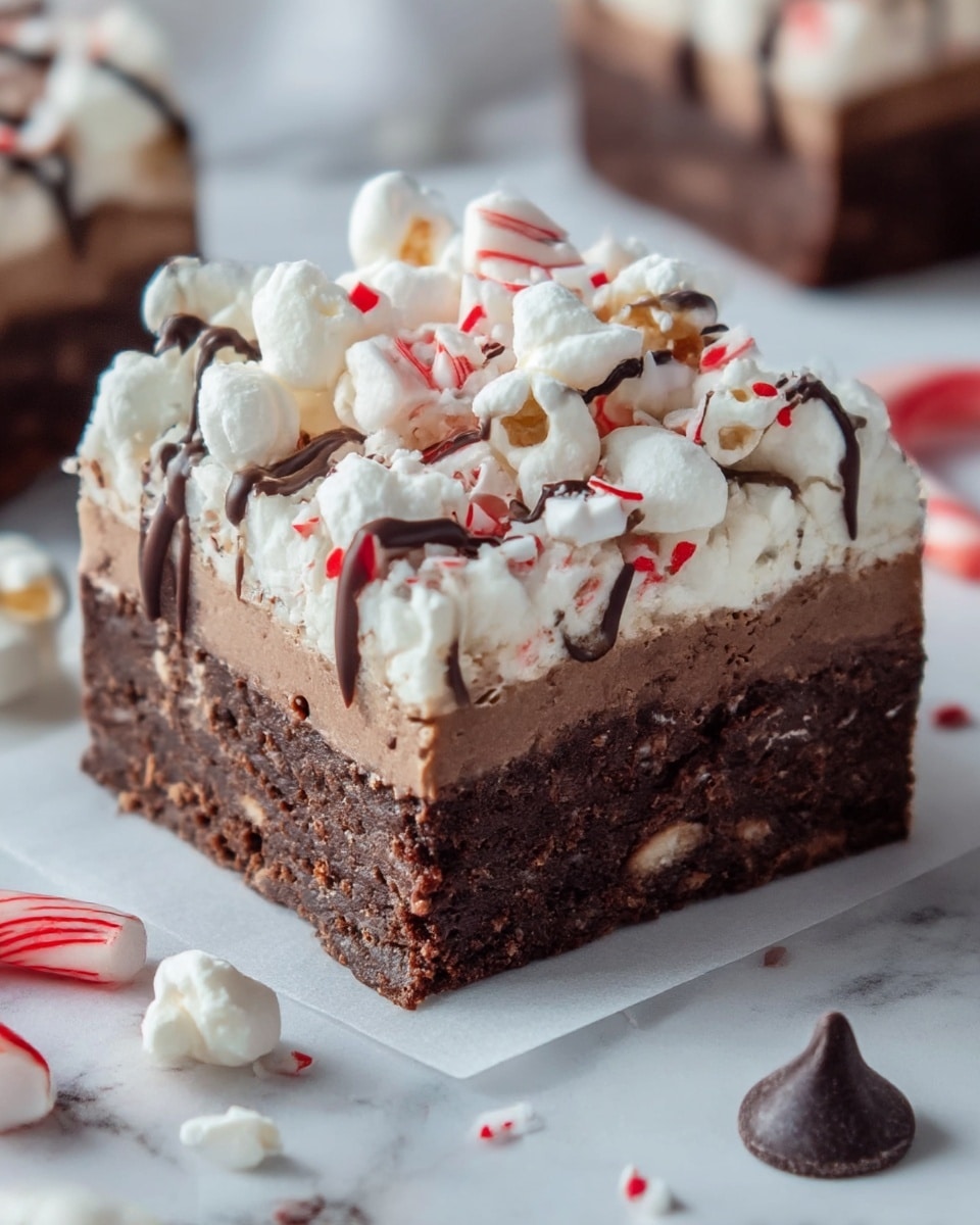 A close-up image of a thick brownie square with three clear layers: the bottom layer is a dense, dark chocolate brownie, the middle layer is a lighter, creamier chocolate, and the top layer is white marshmallow pieces mixed with crushed red and white peppermint candy. The brownie is drizzled with thin lines of dark chocolate sauce all over the top and sides, sitting on a white marbled surface with scattered marshmallows, peppermint pieces, and a chocolate chip around it. The background has a blurred rich red fabric. photo taken with an iphone --ar 4:5 --v 7