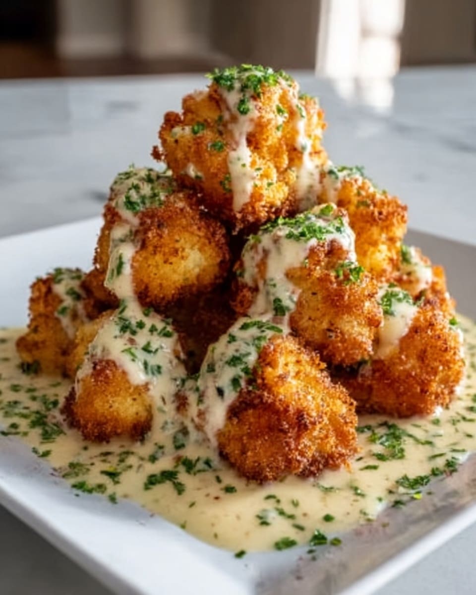 A white square plate holds a pile of golden-brown fried cauliflower bites, each piece showing a crunchy texture with slightly uneven, crispy edges. The cauliflower is covered with creamy, light beige sauce that drips down softly, pooling a little at the base of the pile. Finely chopped green herbs are sprinkled evenly on top, adding small, fresh green spots to the dish. The plate rests on a white marbled surface, with soft lighting highlighting the warm colors and creamy sauce. Photo taken with an iphone --ar 4:5 --v 7