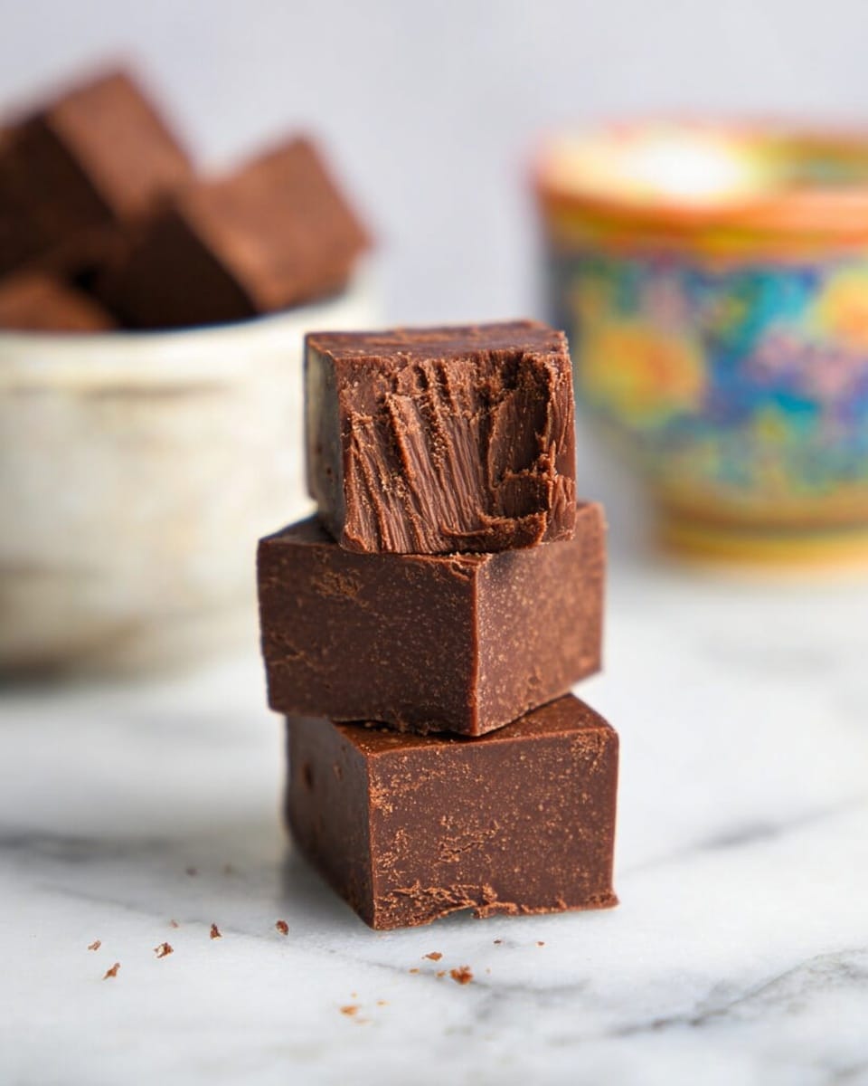 Three square blocks of dark chocolate fudge are stacked on a white marbled surface, with the top block showing a bite taken out, revealing a dense, slightly crumbly texture inside. The fudge has a smooth, rich brown exterior with small specks of chocolate throughout. In the background to the left, more fudge pieces rest in a white bowl, while on the right, a brightly colored mug with an abstract design adds a touch of warm tones and soft focus to the scene. photo taken with an iphone --ar 4:5 --v 7