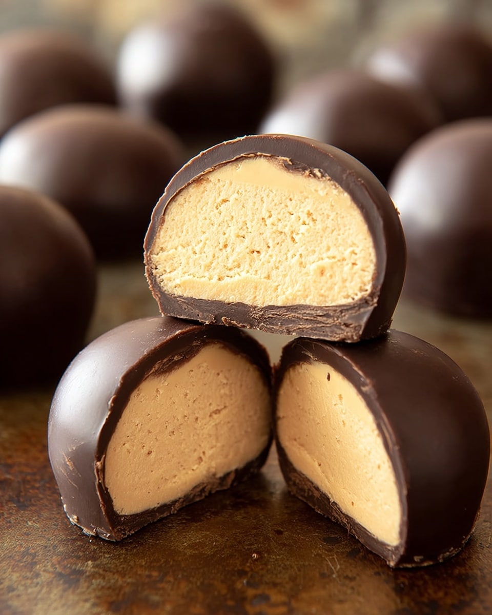 The image shows several round candies with a smooth dark chocolate outer layer and a thicker, creamy light tan filling inside. Two of these candies are cut in half and stacked, revealing the soft, slightly textured center contrasted against the shiny and thin chocolate shell that surrounds it. In the background, more whole candies with the same dark chocolate coating are visible, slightly blurred to keep the focus on the cut pieces in the front. The candies sit on a rustic surface with a warm brown tone, creating a cozy and inviting look. photo taken with an iphone --ar 4:5 --v 7