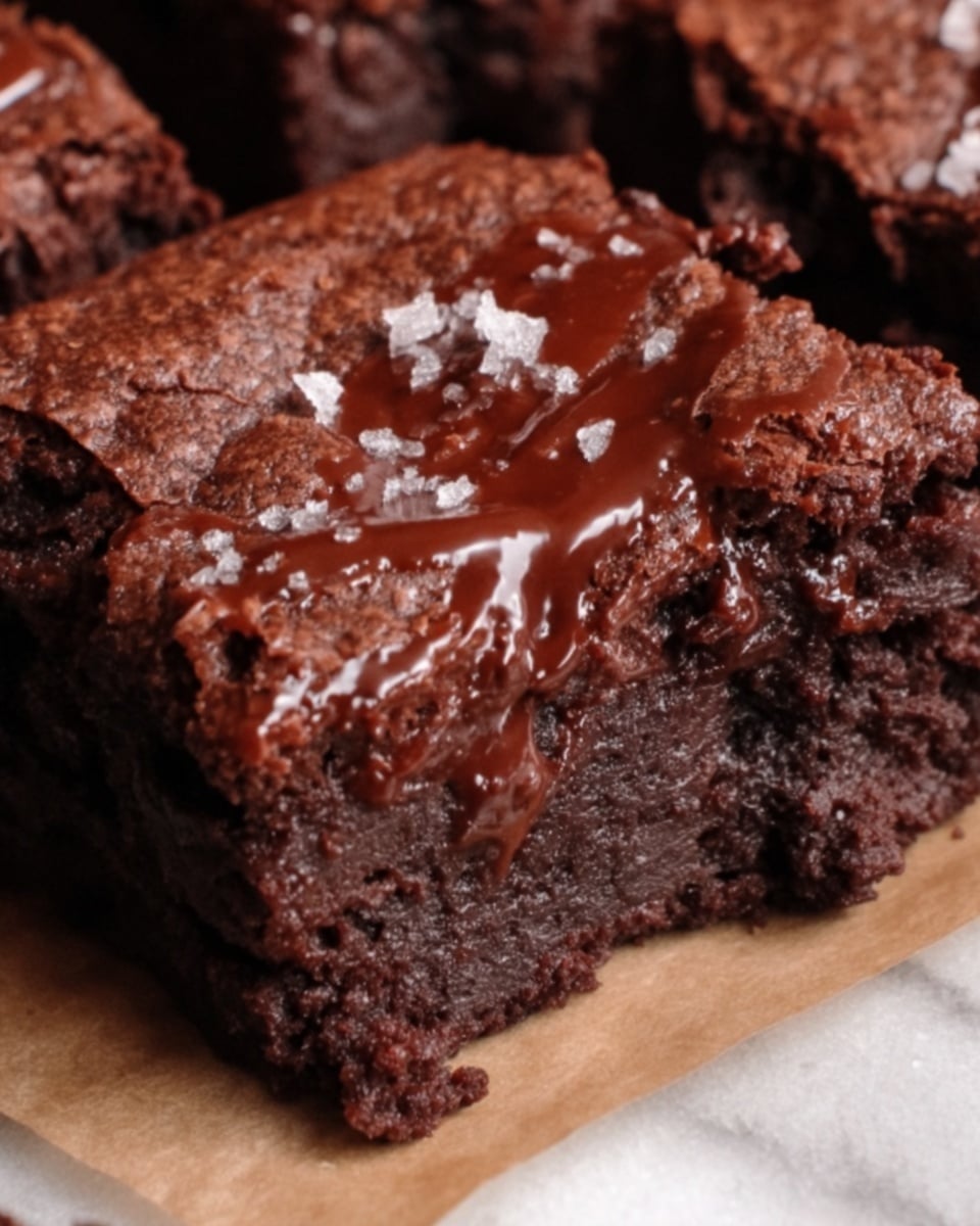 A close-up view of a thick, square chocolate brownie resting on a piece of parchment paper atop a white marbled surface. The brownie has a dense, moist texture with a cracked top layer, showing a rich dark brown color. There are smooth, glossy streaks of melted chocolate spread unevenly over the top, with a light sprinkling of coarse salt crystals adding a touch of contrast and texture. The edges of the brownie look slightly crumbly, enhancing its homemade feel. photo taken with an iphone --ar 4:5 --v 7